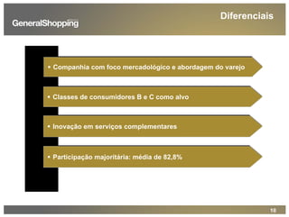 10
Companhia com foco mercadológico e abordagem do varejoCompanhia com foco mercadológico e abordagem do varejo
Classes de consumidores B e C como alvoClasses de consumidores B e C como alvo
Inovação em serviços complementaresInovação em serviços complementares
Participação majoritária: média de 82,8%Participação majoritária: média de 82,8%
Diferenciais
 