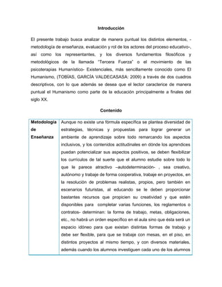 Introducción
El presente trabajo busca analizar de manera puntual los distintos elementos, -
metodología de enseñanza, evaluación y rol de los actores del proceso educativo-,
así como los representantes, y los diversos fundamentos filosóficos y
metodológicos de la llamada “Tercera Fuerza” o el movimiento de las
psicoterapias Humanístico- Existenciales, más sencillamente conocido como El
Humanismo, (TOBÍAS, GARCÍA VALDECASASA: 2009) a través de dos cuadros
descriptivos, con lo que además se desea que el lector caracterice de manera
puntual el Humanismo como parte de la educación principalmente a finales del
siglo XX.
Contenido
Metodología
de
Enseñanza
Aunque no existe una fórmula específica se plantea diversidad de
estrategias, técnicas y propuestas para lograr generar un
ambiente de aprendizaje sobre todo remarcando los aspectos
inclusivos, y los contenidos actitudinales en dónde los aprendices
puedan potencializar sus aspectos positivos, se deben flexibilizar
los currículos de tal suerte que el alumno estudie sobre todo lo
que le parece atractivo –autodeterminación- , sea creativo,
autónomo y trabaje de forma cooperativa, trabaje en proyectos, en
la resolución de problemas realistas, propios, pero también en
escenarios futuristas, al educando se le deben proporcionar
bastantes recursos que propicien su creatividad y que estén
disponibles para completar varias funciones, los reglamentos o
contratos- determinan: la forma de trabajo, metas, obligaciones,
etc., no habrá un orden específico en el aula sino que ésta será un
espacio idóneo para que existan distintas formas de trabajo y
debe ser flexible, para que se trabaje con mesas, en el piso, en
distintos proyectos al mismo tiempo, y con diversos materiales,
además cuando los alumnos investiguen cada uno de los alumnos
 