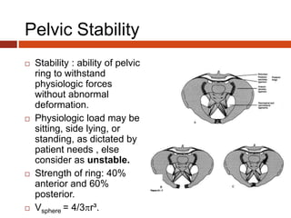 Pelvic Stability
 Stability : ability of pelvic
ring to withstand
physiologic forces
without abnormal
deformation.
 Physiologic load may be
sitting, side lying, or
standing, as dictated by
patient needs , else
consider as unstable.
 Strength of ring: 40%
anterior and 60%
posterior.
 Vsphere = 4/3r³.
 