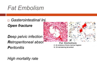 Fat Embolism
 Gasterointestinal Inj.
Open fracture
Deep pelvic infection
Retroperitoneal absces
Peritonitis
High mortality rate
 