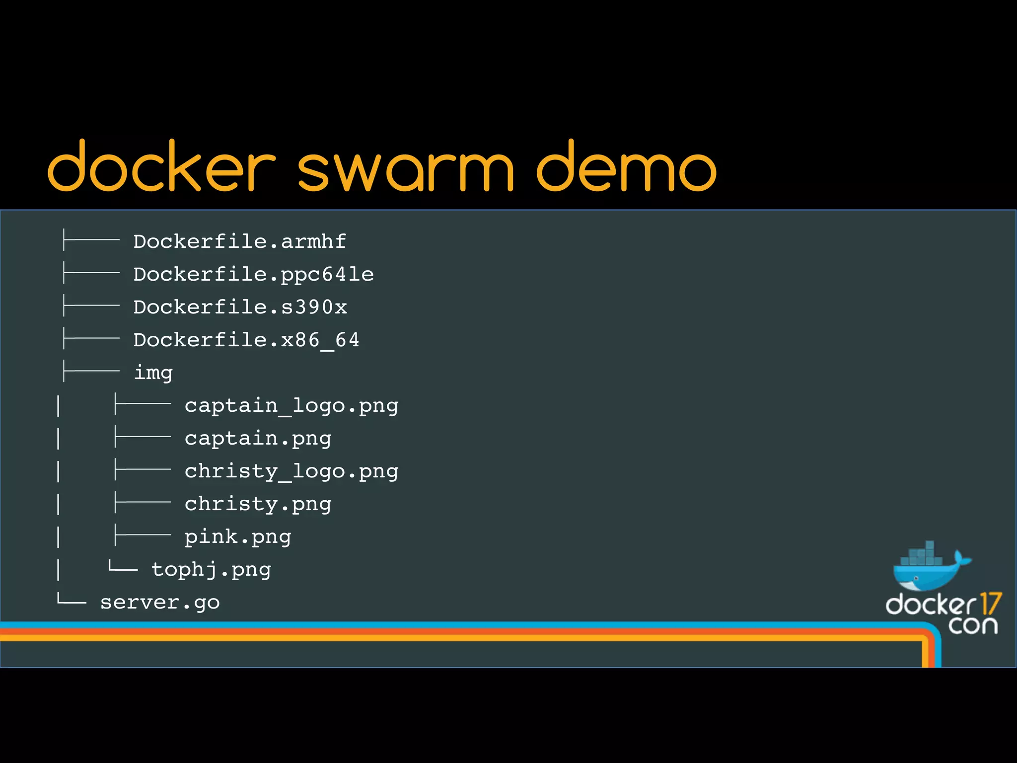 ├── Dockerfile.armhf
├── Dockerfile.ppc64le
├── Dockerfile.s390x
├── Dockerfile.x86_64
├── img
│ ├── captain_logo.png
│ ├── captain.png
│ ├── christy_logo.png
│ ├── christy.png
│ ├── pink.png
│ └── tophj.png
└── server.go
docker swarm demo
 