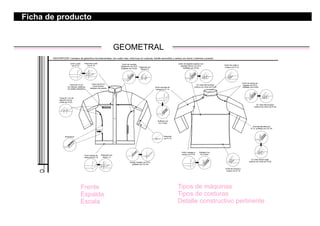 GEOMETRAL
Frente
Espalda
Escala
Tipos de máquinas
Tipos de costuras
Detalle constructivo pertinente
Ficha de producto
DESCRIPCIÓN: Campera de gabardina microesmerilada, con cuello mao, cinta huso en costuras, bolsillo escondido y cartera con cierre y botones a presión.
Pespunte cuello
con R 1A
Cierre de 12 cm
con dientes metálicos
en bolsillo delanteros
Cierre de 65 cm
como acceso
delantero de prenda
Sulfilado con
Ov 3 hilos
Pespunte
con R 1A
Atracadora
Unión recortes de
mangacon R 1 A
Unión cuello
con R 1A
Pespunte con
Recta 1 A
Unión piezas de
cintura con R 1A
BOLSILLO
Pespunte con
Recta 2 A
Unión de recortes
delanteros con R1A
Sulfilado con Ov3H
En vista interna tapar
costura con cinta con R 2A
Unión de cintura a
cuerpo con R 1A
Unión de cuello a
cuerpo con R 1A
Unión de piezas de
espalda con R1A
Sulfilado con Ov3H
Ruedo mangas con R1A,
sulfilado con OV 3H
Uniones laterales con
R 1A, sulfilado con OV 3H
En vista interna tapar
costura con cinta con R 2A
Unión de espalda superior con
espalda inferior con R1A
Sulfilado con Ov3H
En vista interna tapar
costura con cinta con R 2A
Sulfilado con
Ov 3 hilos
Unión mangas a
cuerpo con R1A
FICHADEPRODUCTO
Cinta de 1 cm de
algodón al tono
unida con R 2A
 