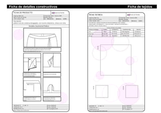 Ficha de detalles constructivos
Detalles Geometral Pollera
Punto de Partida
En la uniòn de la cintura se coloca con recta la cinta de terciopelo
y sobre ella el botòn ornamental. De la cintura es a los 4 cm de
altura y del costado derecho a los 10 cm.
La caretera es de 1 cm de alto por 3
de ancho. Presenta cierre invisible de
12 cm y broche macho/ hembra.
El tajo traero es de 10 cm de alto.
La etiqueta interna se coloca a 2
cm de la cintura y a 4 cm de la
cartera.
El corte del forro en el tajo trasero
es circular mide de base 9 cm y de
alto 7 cm. El ruedo es de 3 cm.
Nº de páginas 8/29
Aprobado: SI
Confección: Go 1
Modificaciones: no
Fecha: 18/05/05
Fecha: 08/05/05NO
FICHA DE PRODUCTO
Empresa: Bahs S.A.
Marca: Punto de Partida
Línea: cassual- wear
Temporada: otoño- invierno 2005
Modelo: Bellota
Art: Moldería:
Punto de Partida
2905/20-03 02905
Descripción:
pollera recta de corderoy desagujado, con recortes delanteros, cintura con cinta
Area: Produccion/Confeccion.
Ficha de tejidos
FICHA TECNICA
Nº de páginas: 07
Aprobado: SI
Confección: Go 1
Modificaciones: no
Área: corte/producción/confección
Empresa: Bahs S.A.
Marca: Punto de Partida
Temporada: otoño- invierno 2005
Modelo: Burbuja
Art: Moldería:
Punto de Partida
2003/29-05 02003
NO
FICHA TÉCNICA TELA BASE
CÓDIGO INTERNO TEJIDO LIGAMENTO COMPOSICIÓN ANCHO
CO
Peso m2
252 gr.
Plano
Precio M2
Corderoy
Proveedor
Denimtex
100% Algodón
Art. Proveedor
CDD/203-882
1.50 Metros
Utilización en:
2905/20-03$13+ I.V.A
CO-05
CO-03
CO-04
Fecha: 18/05/05
Fecha: 08/05/05
Línea: cassual- wear
DESCRIPCIÓN: CAMISA DE MUJER DE POPLIN ESTAMPADO CON CUADROS
IRREGULARES CON MANGAS ¾ , TAJOS EN PUÑOS, CARTERA EN DELANTEROS, 7
BOTONES, CUELLO Y PIE DE CUELLO.
 
