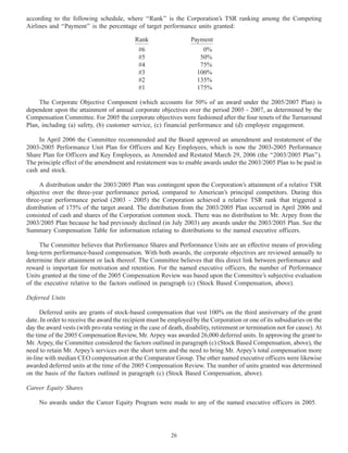 according to the following schedule, where ‘‘Rank’’ is the Corporation’s TSR ranking among the Competing
Airlines and ‘‘Payment’’ is the percentage of target performance units granted:
Rank Payment
#6 0%
#5 50%
#4 75%
#3 100%
#2 135%
#1 175%
The Corporate Objective Component (which accounts for 50% of an award under the 2005/2007 Plan) is
dependent upon the attainment of annual corporate objectives over the period 2005 - 2007, as determined by the
Compensation Committee. For 2005 the corporate objectives were fashioned after the four tenets of the Turnaround
Plan, including (a) safety, (b) customer service, (c) financial performance and (d) employee engagement.
In April 2006 the Committee recommended and the Board approved an amendment and restatement of the
2003-2005 Performance Unit Plan for Officers and Key Employees, which is now the 2003-2005 Performance
Share Plan for Officers and Key Employees, as Amended and Restated March 29, 2006 (the ‘‘2003/2005 Plan’’).
The principle effect of the amendment and restatement was to enable awards under the 2003/2005 Plan to be paid in
cash and stock.
A distribution under the 2003/2005 Plan was contingent upon the Corporation’s attainment of a relative TSR
objective over the three-year performance period, compared to American’s principal competitors. During this
three-year performance period (2003 - 2005) the Corporation achieved a relative TSR rank that triggered a
distribution of 175% of the target award. The distribution from the 2003/2005 Plan occurred in April 2006 and
consisted of cash and shares of the Corporation common stock. There was no distribution to Mr. Arpey from the
2003/2005 Plan because he had previously declined (in July 2003) any awards under the 2003/2005 Plan. See the
Summary Compensation Table for information relating to distributions to the named executive officers.
The Committee believes that Performance Shares and Performance Units are an effective means of providing
long-term performance-based compensation. With both awards, the corporate objectives are reviewed annually to
determine their attainment or lack thereof. The Committee believes that this direct link between performance and
reward is important for motivation and retention. For the named executive officers, the number of Performance
Units granted at the time of the 2005 Compensation Review was based upon the Committee’s subjective evaluation
of the executive relative to the factors outlined in paragraph (c) (Stock Based Compensation, above).
Deferred Units
Deferred units are grants of stock-based compensation that vest 100% on the third anniversary of the grant
date. In order to receive the award the recipient must be employed by the Corporation or one of its subsidiaries on the
day the award vests (with pro-rata vesting in the case of death, disability, retirement or termination not for cause). At
the time of the 2005 Compensation Review, Mr. Arpey was awarded 26,000 deferred units. In approving the grant to
Mr. Arpey, the Committee considered the factors outlined in paragraph (c) (Stock Based Compensation, above), the
need to retain Mr. Arpey’s services over the short term and the need to bring Mr. Arpey’s total compensation more
in-line with median CEO compensation at the Comparator Group. The other named executive officers were likewise
awarded deferred units at the time of the 2005 Compensation Review. The number of units granted was determined
on the basis of the factors outlined in paragraph (c) (Stock Based Compensation, above).
Career Equity Shares
No awards under the Career Equity Program were made to any of the named executive officers in 2005.
26
 