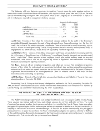 FEES PAID TO ERNST & YOUNG LLP
The following table sets forth the aggregate fees paid to Ernst & Young for audit services rendered in
connection with the consolidated financial statements, and reports for fiscal years 2004 and 2005 and for other
services rendered during fiscal years 2004 and 2005 on behalf of the Company and its subsidiaries, as well as all
out-of-pocket costs incurred in connection with these services:
(amounts in thousands)
2005 2004
Audit Fees................................................. $ 2,275 $ 2,398
Audit-Related Fees ..................................... 624 755
Tax Fees.................................................... 111 242
All Other Fees ........................................... 0 0
Total Fees........................................... $ 3,010 $ 3,395
Audit Fees: Consists of fees billed for professional services rendered for the audit of the Company’s
consolidated financial statements, the audit of internal controls over financial reporting (i.e., the Sec. 404
Audit), the review of the interim condensed consolidated financial statements included in quarterly reports,
services that are normally provided by Ernst & Young in connection with statutory and regulatory filings or
engagements and attest services, except those not required by statute or regulation.
Audit-Related Fees: Consists of fees billed for assurance and related services that are reasonably related to
the performance of the audit or review of the Company’s consolidated financial statements and are not reported
under ‘‘Audit Fees’’. These services include employee benefit plan audits, auditing work on proposed
transactions, attest services that are not required by statute or regulation, and consultations concerning
financial accounting and reporting standards.
Tax Fees: Consists of tax compliance/preparation and other tax services. Tax compliance/preparation
consists of fees billed for professional services related to federal, state and international tax compliance,
assistance with tax audits and appeals, expatriate tax services, and assistance related to the impact of mergers,
acquisitions and divestitures on tax return preparation. Other tax services consist of fees billed for other
miscellaneous tax consulting and planning.
All Other Fees: Consists of fees for all other services other than those reported above. These services were
discontinued as of December 31, 2003.
In selecting Ernst & Young as the Company’s independent auditors for the fiscal year ending December 31,
2006, the Audit Committee has considered whether services other than audit and audit-related services provided by
Ernst & Young are compatible with maintaining the firm’s independence.
PRE-APPROVAL OF AUDIT AND PERMISSIBLE NON-AUDIT SERVICES
OF INDEPENDENT AUDITORS
The Audit Committee pre-approves all audit and permissible non-audit services provided by Ernst & Young.
These services may include audit services, audit-related services, tax services and other services. The Audit
Committee has adopted a policy for the pre-approval of services provided by Ernst & Young. Under this policy,
pre-approval is generally provided for up to one year and any pre-approval is detailed as to the particular service or
category of services and includes an anticipated budget. In addition, the Audit Committee may also pre-approve
particular services on a case-by-case basis. The Audit Committee has delegated pre-approval authority to the Chair
of the Audit Committee. Pursuant to this delegation, the Chair must report any pre-approval decision by him to the
Committee at its first meeting after the pre-approval was obtained.
30
 