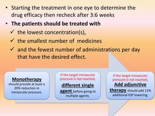 • Starting the treatment in one eye to determine the
drug efficacy then recheck after 3:6 weeks
• The patients should be treated with
 the lowest concentration(s),
 the smallest number of medicines
 and the fewest number of administrations per day
that have the desired effect.
Monotherapy
should provide at least a
20% reduction in
intraocular pressure.
If the target intraocular
pressure is not reached,
different single
agent before going to
multiple agents.
If the target intraocular
pressure is not reached,
Add adjunctive
therapy should add 15%
additional IOP lowering.
 
