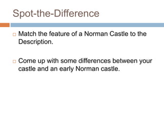 Spot-the-Difference


Match the feature of a Norman Castle to the
Description.



Come up with some differences between your
castle and an early Norman castle.

 