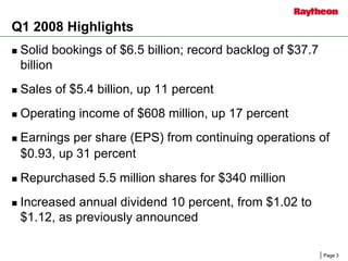 	Raytheon Reports 2008 First Quarter Results