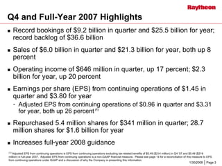 	Raytheon Reports 2007 Fourth Quarter Results