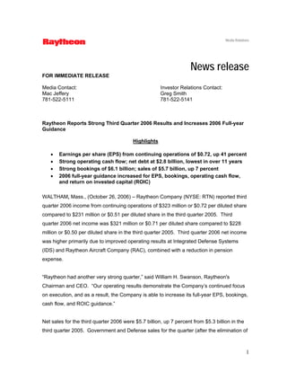 Media Relations




                                                                    News release
FOR IMMEDIATE RELEASE

Media Contact:                                        Investor Relations Contact:
Mac Jeffery                                           Greg Smith
781-522-5111                                          781-522-5141



Raytheon Reports Strong Third Quarter 2006 Results and Increases 2006 Full-year
Guidance

                                         Highlights

   •   Earnings per share (EPS) from continuing operations of $0.72, up 41 percent
   •   Strong operating cash flow; net debt at $2.8 billion, lowest in over 11 years
   •   Strong bookings of $6.1 billion; sales of $5.7 billion, up 7 percent
   •   2006 full-year guidance increased for EPS, bookings, operating cash flow,
       and return on invested capital (ROIC)

WALTHAM, Mass., (October 26, 2006) – Raytheon Company (NYSE: RTN) reported third
quarter 2006 income from continuing operations of $323 million or $0.72 per diluted share
compared to $231 million or $0.51 per diluted share in the third quarter 2005. Third
quarter 2006 net income was $321 million or $0.71 per diluted share compared to $228
million or $0.50 per diluted share in the third quarter 2005. Third quarter 2006 net income
was higher primarily due to improved operating results at Integrated Defense Systems
(IDS) and Raytheon Aircraft Company (RAC), combined with a reduction in pension
expense.


“Raytheon had another very strong quarter,” said William H. Swanson, Raytheon's
Chairman and CEO. “Our operating results demonstrate the Company’s continued focus
on execution, and as a result, the Company is able to increase its full-year EPS, bookings,
cash flow, and ROIC guidance.”


Net sales for the third quarter 2006 were $5.7 billion, up 7 percent from $5.3 billion in the
third quarter 2005. Government and Defense sales for the quarter (after the elimination of



                                                                                                 1
 