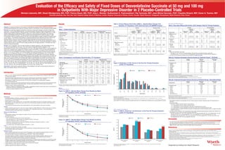 Evaluation of the Efficacy and Safety of Fixed Doses of Desvenlafaxine Succinate at 50 mg and 100 mg
                                                                                            in Outpatients With Major Depressive Disorder in 2 Placebo-Controlled Trials
                                          Michael Liebowitz, MD1; Stuart Montgomery, MD, PhD2; Patrice Boyer, MD, PhD3; Amy L. Manley4; Sudharshan K. Padmanabhan4; Raj Tummala, MD4; Jean-Michel Germain, PhD5; Claudine Brisard, MD5; Karen A. Tourian, MD4
                                                                                                                1
                                                                                                                 Columbia University, New York, New York; 2Imperial College School of Medicine, London, England; 3University of Ottawa, Ontario, Canada; 4Wyeth Research, Collegeville, Pennsylvania; 5Wyeth Research, Paris, France




Abstract                                                                                                                              Results                                                                                                                                                                                                                                                                                                                                                                               Other Secondary Efficacy Measures
                                                                                                                                                                                                                                                                                                                                    Table 3. Primary Efficacy End Points: HAM-D17, Adjusted Mean Change From
                                                                                                                                                                                                                                                                                                                                                                                                                                                                                                                            Table 4. Secondary Efficacy End Points, LOCF Analysis: Final On-Therapy Evaluation
                                                                                                                                                                                                                                                                                                                                             Baseline, ITT Population, LOCF, Observed Case, and MMRM Analyses
Objective: To assess the efficacy of the serotonin-norepinephrine reuptake inhibitor (SNRI) desvenlafaxine                            Patients
                                                                                                                                                                                                                                                                                                                                                                                                                                                                                                                                                                                              US Study                                                            International Study
                                                                                                                                                                                                                                                                                                                                                                                                               US Study                                                     International Study
succinate (desvenlafaxine) at 50 mg/d and 100 mg/d doses for the treatment of major depressive disorder (MDD).
                                                                                                                                                                                                                                                                                                                                                                                                                                                                                                                                                                                                     Difference                                                                Difference
                                                                                                                                      Table 1. Patient Disposition
Methods: Two identically designed multicenter, randomized, double-blind, placebo-controlled studies were                                                                                                                                                                                                                                                                                                    Difference in                                                      Difference in                                                                                                        in Adjusted                                                               in Adjusted
                                                                                                                                                                                                                                                                                                                                                                                                  Adjusted    Adjusted                                               Adjusted    Adjusted
conducted: 1 in the United States (US) and 1 in Europe and South Africa (Int). Patients were required to meet                                                                                                                                                                                                                                                                                                                                                                                                                                                                 Change From              Means              P Value                       Change From              Means               P Value
                                                                                                                                                                                                                  US Study                                                               International Study
                                                                                                                                                                                                                                                                                                                                                                                                Change From    Means           P                                   Change From    Means           P                           Efficacy Scale                         N          Baseline              (95% CI)          vs Placebo             N          Baseline              (95% CI)           vs Placebo
Diagnostic and Statistical Manual of Mental Disorders, Fourth Edition (DSM-IV) criteria for MDD with a 17-item                          Population Subset, n                                Placebo              DVS 50 mg              DVS 100 mg                     Placebo              DVS 50 mg          DVS 100 mg                           Analysis                            N         Baseline    (95% CI)    vs Placebo                       N         Baseline    (95% CI)    vs Placebo
Hamilton Rating Scale for Depression (HAM-D17) total score ≥20 at screening and baseline. Two fixed daily                                                                                                                                                                                                                                                                                                                                                                                                                     MADRS total score
                                                                                                                                        Randomized to study                                    159                      158                      157                    161                     166                   158
doses of desvenlafaxine (50 mg or 100 mg) or placebo were administered for 8 weeks (including a 1-week,                                                                                                                                                                                                                                                                                                                                                                                                                        Placebo                              150             –12.3                                                     161             –13.3
                                                                                                                                        Safety population                                      152                      151                      148                    161                     166                   158
                                                                                                                                                                                                                                                                                                                                                    LOCF (ANCOVA), final on-therapy                                                                                                                                            DVS 50 mg                            148             –15.0          2.7 (0.4, 5.0)           0.022             164             –16.4          3.1 (1.0, 5.2)           0.004
50-mg titration period for patients receiving 100 mg). The primary efficacy variable, change from baseline score
                                                                                                                                                                                                                                                                                                                                                     Placebo                            150           –9.5                                                161           –10.7
                                                                                                                                        Total ITT                                              150                      150                      147                    161                     164                   158                                                                                                                                                                                                      DVS 100 mg                           142             –14.3          2.0 (–0.3, 4.4)          0.095             157             –17.5          4.2 (2.1, 6.3)          <0.001
on the HAM-D17, was analyzed using analysis of covariance (ANCOVA) with treatment and site as factors and                                                                                                                                                                                                                                            DVS 50 mg                          150          –11.5         1.9 (0.3, 3.5)          0.018          164           –13.2          2.5 (0.9, 4.1)        0.002
                                                                                                                                        Completeda                                             123                      115                      115                    147                     148                   128
baseline HAM-D17 score as the covariate. Clinical Global Impressions–Improvement (CGI-I) score was a                                                                                                                                                                                                                                                 DVS 100 mg                         147          –11.0         1.5 (–0.1, 3.1)         0.065          158           –13.7          3.0 (1.4, 4.7)       <0.001            CGI-S score
                                                                                                                                                                                b
                                                                                                                                        Discontinued, n (%)
secondary efficacy measure, which was analyzed categorically with the Cochran-Mantel-Haenszel test. For all                                                                                                                                                                                                                                                                                                                                                                                                                    Placebo                              150             –1.2                                                      161              –1.6
                                                                                                                                                                                                                                                                                                                                                                                                                                                                                                                               DVS 50 mg                            150             –1.5           0.2 (0.0, 0.5)           0.074             164              –2.1          0.4 (0.2, 0.7)           0.003
                                                                                                                                           Total                                             25 (16)                 34 (23)                 31 (21)                    13 (8)                 17 (10)            20 (13)
efficacy analyses, the final on-therapy evaluation was the primary end point. The primary population for efficacy
                                                                                                                                                                                                                                                                                                                                                                                                                                                                                                                               DVS 100 mg                           147             –1.4           0.2 (–0.1, 0.4)          0.208             158              –2.2          0.5 (0.3, 0.8)          <0.001
                                                                                                                                                                                                                                                                                                                                                    Observed case, week 8
analyses was the intent-to-treat (ITT) and for safety analyses was the safety population. The results from each                            Adverse event                                      4 (3)                     5 (3)                    11 (7)                 5 (3)                   8 (5)             11 (7)
                                                                                                                                                                                                                                                                                                                                                     Placebo                            115          –10.0                                                138           –11.6
study are presented separately.                                                                                                            Failed to return                                   6 (4)                  15 (10)                     11 (7)                   0                      0                 2 (1)                                                                                                                                                                                                      COVI total
                                                                                                                                                                                                                                                                                                                                                     DVS 50 mg                          104          –12.1          2.1 (0.3, 3.9)         0.026          145           –14.7          3.1 (1.5, 4.6)       <0.001
                                                                                                                                                                                                                                                                                                                                                                                                                                                                                                                               Placebo                              150             –1.2                                                      161             –1.1
                                                                                                                                                                                                                                                                                                                                                     DVS 100 mg                         102          –11.9          1.9 (0.0, 3.7)         0.047          126           –15.2          3.6 (2.0, 5.2)       <0.001
                                                                                                                                           Investigator request                                 0                       1 (1)                      0                      0                      0                 2 (1)
Results: The ITT population in the US study included 447 patients: placebo (n=150), desvenlafaxine 50 mg
                                                                                                                                                                                                                                                                                                                                                                                                                                                                                                                               DVS 50 mg                            148             –1.5           0.3 (0.0, 0.6)           0.080             164             –1.7           0.6 (0.2, 0.9)           0.001
(n=150), and desvenlafaxine 100 mg (n=147). The Int study included 483 patients: placebo (n=161),                                          Other event                                        3 (2)                     2 (1)                    3 (2)                  1 (1)                    0                    0
                                                                                                                                                                                                                                                                                                                                                                                                                                                                                                                               DVS 100 mg                           142             –1.4           0.2 (–0.2, 0.5)          0.346             157             –1.6           0.5 (0.2, 0.9)           0.004
desvenlafaxine 50 mg (n=164), and desvenlafaxine 100 mg (n=158). Mean baseline HAM-D17 scores ranged from                                  Protocol violation                                 1 (1)                     2 (1)                      0                    1 (1)                   4 (2)                 0
                                                                                                                                                                                                                                                                                                                                                    MMRM, week 8                                                                                                                                                            Abbreviations: COVI, Covi Anxiety Scale; CGI-S, Clinical Global Impressions–Severity; LOCF, last observation carried forward; MADRS, Montgomery Asberg Depression Rating Scale.
23.0 to 24.4. Adjusted mean changes from baseline scores on the HAM-D17 in the US study were significantly                                 Patient request unrelated to study                 6 (4)                     9 (6)                    5 (3)                  1 (1)                   3 (2)              4 (3)                             Placebo                            115           –9.9                                                138           –11.5
different for the 50-mg desvenlafaxine group versus placebo (–11.5 vs –9.5; P=0.018) but not for the 100-mg                                                                                                                                                                                                                                                                                                                                                                                                                 Safety
                                                                                                                                                                                                                                                                                                                                                     DVS 50 mg                          104          –12.4         2.5 (1.1, 4.0)        <0.001           145           –14.4          2.9 (1.6, 4.1)       <0.001
                                                                                                                                           Unsatisfactory response-efficacy                   5 (3)                      0                       1 (1)                  5 (3)                   2 (1)              1 (1)
                                                                                                                                                                                                                                                                                                                                                                                                                                                                                                                            ­ Rates of discontinuation due to AEs
                                                                                                                                                                                                                                                                                                                                                     DVS 100 mg                         102          –11.9         2.03 (0.6, 3.5)        0.006           126           –14.9          3.4 (2.1, 4.7)       <0.001
group (–11.0 vs –9.5; P=0.065); in the Int study changes were significantly greater for both the desvenlafaxine                       Abbreviations: DVS, desvenlafaxine succinate; ITT, intent-to-treat.
                                                                                                                                                                                                                                                                                                                                                                                                                                                                                                                              — US study: 7%, 3%, and 3% for the desvenlafaxine 100-mg, 50-mg, and placebo groups, respectively
50-mg (–13.2; P=0.002) and 100-mg (–13.7; P<0.001) groups compared with placebo (–10.7). On the CGI-I,                                a
                                                                                                                                       Completers were defined as patients who had at least 53 days of exposure to the study drug. Completers were defined independently of whether patients discontinued from the
                                                                                                                                                                                                                                                                                                                                                                                                                                                                                                                              — International study: 7%, 5%, and 3% for the desvenlafaxine 100-mg, 50-mg, and placebo groups, respectively
                                                                                                                                      on-therapy period of the study.
                                                                                                                                                                                                                                                                                                                                                                                                                                                                                                                            ­ The most common treatment-emergent AEs are presented in Tables 5a and 5b
                                                                                                                                                                                                                                                                                                                                    Abbreviations: ANCOVA, analysis of covariance; DVS, desvenlafaxine succinate; HAM-D17, 17-item Hamilton Rating Scale for Depression; LOCF, last observation carried forward;
differences between the desvenlafaxine groups and placebo were not significant in the US study; significant                           b
                                                                                                                                        Discontinuation data are for the safety population.                                                                                                                                         MMRM, mixed effects model repeated measures.
differences were observed for both desvenlafaxine groups versus placebo in the Int study (50 mg: P=0.002; 100
mg: P<0.001). In both studies, both doses of desvenlafaxine were generally well tolerated and adverse events                                                                                                                                                                                                                                                                                                                                                                                                                Table 5a. Treatment-Emergent Adverse Events by Treatment Group*†, US Study
                                                                                                                                      Table 2. Demographic and Baseline Characteristics, ITT Population
(AEs) were consistent with those of the SNRI class. Rates of discontinuation due to AEs in the US study were
                                                                                                                                                                                                                                                                                                                                                                                                                                                                                                                                                                                            Placebo                                    DVS 50 mg                                     DVS 100 mg
3%, 3%, and 7% for the placebo, desvenlafaxine 50 mg, and desvenlafaxine 100 mg groups, respectively; in                                                                                                                        US Study                                                    International Study
                                                                                                                                                                                                                                                                                                                                                                                                                                                                                                                                                                                            (n=152)                                     (n=151)                                        (n=148)
                                                                                                                                                                                                                                                                                                                                                                                                                                                                                                                              Adverse Event‡
the Int study were 3%, 5%, and 7%, respectively. Commonly reported AEs were: US: dry mouth (placebo: 4%;                                                                                                    Placebo             DVS 50 mg              DVS 100 mg             Placebo           DVS 50 mg      DVS 100 mg           CGI-I                                                                                                                                                                                                                                                                                           n (%) of patients
50 mg: 11%; 100 mg: 16%), dizziness (placebo: 4%; 50 mg: 17%; 100 mg: 7%) and insomnia (placebo: 4%; 50                                                                                                     (n=150)              (n=150)                 (n=147)              (n=161)            (n=164)         (n=158)
                                                                                                                                        Characteristic
                                                                                                                                                                                                                                                                                                                                    Figure 2. Distribution of CGI-I Scores at the Final On-Therapy Evaluation                                                                                                                 Any adverse event                                             107 (70)                                      127 (84)                                      113 (76)
mg: 14%; 100 mg: 12%); Int: nausea (placebo: 11%; 50 mg: 27%; 100 mg: 30%), dry mouth (placebo: 9%; 50                                                                                                      42 (14)              43 (15)                   43 (13)              46 (12)           44 (14)          46 (13)
                                                                                                                                        Age, mean (SD), years                                                                                                                                                                                                                                                                                                                                                                  Asthenia                                                      5 (3)                                         11 (7)                                        10 (7)
                                                                                                                                                                                                                                                                                                                                              (LOCF, ITT Population)
mg: 13%; 100 mg: 17%), and insomnia (placebo: 5%; 50 mg: 10%; 100 mg: 10%).                                                             Sex, n (%)                                                                                                                                                                                                                                                                                                                                                                             Anorexia                                                      7 (5)                                          9 (6)                                       15 (10)
                                                                                                                                                                                                                                                                                                                                                                                                                                                                                                                               Constipation                                                  5 (3)                                         14 (9)                                       16 (11)
Conclusions: These results support the efficacy of desvenlafaxine 100 mg/d for improving the symptoms of                                   Female                                                           95 (63)              93 (62)                   78 (53)            109 (68)           115 (70)         112 (71)
                                                                                                                                                                                                                                                                                                                                                                                                                                                                                                                               Dry mouth                                                     6 (4)                                        16 (11)                                       23 (16)
MDD, and establish efficacy at the 50 mg/d dose.                                                                                           Male                                                             55 (37)              57 (38)                   69 (47)              52 (32)           49 (30)          46 (29)                                                                                                                                                                                                     Myalgia                                                       3 (2)                                          7 (5)                                         9 (6)
                                                                                                                                                                                                                                                                                                                                                                                                                                                                                                                               Anxiety                                                       1 (1)                                          5 (3)                                         9 (6)
                                                                                                                                        Race, n (%)
                                                                                                                                                                                                                                                                                                                                                                                                                                                                                                                               Dizziness                                                     6 (4)                                        25 (17)                                         10 (7)
                                                                                                                                                                                                                                                                                                                                                           60
                                                                                                                                           White                                                           106 (71)             110 (73)                  102 (69)            158 (98)           163 (99)         156 (99)
                                                                                                                                                                                                                                                                                                                                                                                                                                                                                                                               Insomnia                                                      6 (4)                                         21 (14)                                       18 (12)
                                                                                                                                                                                                                                                                                                                                                                                                 Placebo                       DVS 50 mg                         DVS 100 mg
                                                                                                                                           Black                                                            29 (19)              26 (17)                   31 (21)               1 (1)               0                 0                                                                                                                                                                                                       Impotence§                                                    0 (0)                                          2 (3)                                          4 (6)
Introduction                                                                                                                                                                                                                                                                                                                                                                                                                                                                                                                   Sweating                                                      4 (3)                                          10 (7)                                       14 (10)
                                                                                                                                           Other                                                            15 (10)              14 (10)                   14 (10)               2 (1)               1 (1)            2 (1)
                                                                                                                                                                                                                                                                                                                                                           50
                                                                                                                                                                                                            80 (20)              86 (22)*                  83 (19)              76 (18)           75 (16)          73 (18)
                                                                                                                                        Weight, mean (SD), kg                                                                                                                                                                                                                                                                                                                                                               Abbreviation: DVS, desvenlafaxine succinate.

­ MDD is a chronic, disabling illness that is predicted to be a leading cause of disease burden worldwide in 2020, second only




                                                                                                                                                                                                                                                                                                                                 Percent of patients (%)
                                                                                                                                                                                                                                                                                                                                                                                                                                                                                                                            *Events reported by at least 5% of subjects at twice the rate of placebo in either active treatment group during the double-blind period, excluding taper, safety population (all
                                                                                                                                        Duration of current episode,                                                                                                                                                                                                                                                                                                                                                        randomized subjects who took at least one dose of double-blind test medication).
                                                                                                                                                                                                            28 (46)              24 (32)                   26 (45)               9 (22)              7 (12)           9 (17)
                                                                                                                                                                                                                                                                                                                                                           40
                                                                                                                                        mean (SD), months                                                                                                                                                                                                                                                                                                                                                                   †
                                                                                                                                                                                                                                                                                                                                                                                                                                                                                                                             Rates of nausea were: placebo 11%, desvenlafaxine 50 mg 17%, and desvenlafaxine 100 mg 16%.
  to ischemic heart disease1
­ Recent World Health Organization data from 60 countries worldwide show that depression is associated with a greater
                                                                                                                                                                                                                                                                                                                                                                                                                                                                                                                            ‡
                                                                                                                                                                                                                                                                                                                                                                                                                                                                                                                             Terms are derived from a Wyeth-modified COSTART dictionary.
                                                                                                                                                                                                                                                                                                                                                                                                                                                                                                                            §
                                                                                                                                                                                                                                                                                                                                                                                                                                                                                                                             Based on number of men in each treatment group (desvenlafaxine 50 mg [n=58]; desvenlafaxine 100 mg [n=69]).
                                                                                                                                        Baseline HAM-D17 total score, mean (SD)                             23 (3)               23 (3)                    23 (3)               24 (3)            24 (2)           24 (3)
  decrement in health compared with the chronic diseases angina, arthritis, asthma, or type 2 diabetes2
                                                                                                                                                                                                                                                                                                                                                           30
­ Desvenlafaxine, an SNRI, is the succinate salt of the major active metabolite of the antidepressant venlafaxine
                                                                                                                                                                                                                                                                                                                                                                                                                                                                                                                            Table 5b. Treatment-Emergent Adverse Events by Treatment Group,* International Study
                                                                                                                                        Baseline CGI-S score, mean (SD)                                      4   (1)              4   (1)                   4   (1)              5   (1)           5    (1)         5     (1)
                                                                                                                                         Moderately ill, n (%)                                             104   (69)           103   (69)                 93   (63)            64   (40)         70    (43)       56     (35)
  (ie, O-desmethylvenlafaxine)3                                                                                                                                                                                                                                                                                                                                                                                                                                                                                                                                                             Placebo                                    DVS 50 mg                                     DVS 100 mg
                                                                                                                                         Markedly ill, n (%)                                                45   (30)            46   (31)                 50   (34)            76   (47)         79    (48)       83     (53)
­ Results from multicenter, randomized, double-blind, placebo-controlled, parallel-group studies have demonstrated the safety                                                                                                                                                                                                                              20                                                                                                                                                                                                                               (n=161)                                     (n=166)                                        (n=158)
                                                                                                                                                                                                                                                                                                                                                                                                                                                                                                                              Adverse Event†
                                                                                                                                         Severely ill, n (%)                                                 1   (1)              1   (1)                   4   (3)             21   (13)         15    (9)        19     (12)
  and efficacy of desvenlafaxine using flexible doses,4,5 as well as fixed, daily doses of 100 mg, 200 mg, and 400 mg6,7                                                                                                                                                                                                                                                                                                                                                                                                                                                                                                            n (%) of patients
­ Data from 2 phase 3 trials are presented here:
                                                                                                                                      Abbreviations: CGI-S, Clinical Global Impressions–Severity; DVS, desvenlafaxine succinate; HAM-D17, 17-item Hamilton Rating Scale for Depression; ITT, intent-to-treat.
                                                                                                                                                                                                                                                                                                                                                                                                                                                                                                                              Any adverse event                                             99   (62)                                     129 (78)                                      122 (77)
                                                                                                                                      *P=0.046 vs placebo; this difference in baseline weight would not be expected to have any impact on the efficacy results.
                                                                                                                                                                                                                                                                                                                                                           10
  — Objective: Compare the antidepressant efficacy, safety, and tolerability in patients receiving daily doses of desvenlafaxine at                                                                                                                                                                                                                                                                                                                                                                                            Asthenia                                                      8   (5)                                       15 (9)                                       16 (10)
    50 mg/d and 100 mg/d with placebo for the treatment of MDD                                                                                                                                                                                                                                                                                                                                                                                                                                                                 Anorexia                                                      2   (1)                                       9 (5)                                          9 (6)
                                                                                                                                      Efficacy                                                                                                                                                                                                                                                                                                                                                                                 Nausea                                                       17   (11)                                     44 (27)                                       48 (30)
  — Results are reported separately for each trial
                                                                                                                                                                                                                                                                                                                                                            0
                                                                                                                                      Primary Efficacy Measure                                                                                                                                                                                                                                                                                                                                                                 Anxiety                                                       5   (3)                                       4 (2)                                          11 (7)
                                                                                                                                                                                                                                                                                                                                                                  1          1         2           2            3             3             4             4            5             5             6             6             Dizziness                                                     6   (4)                                      17 (10)                                         11 (7)
                                                                                                                                      Figure 1a. HAM-D17 Adjusted Mean Change From Baseline by Week,                                                                                                                                                             US         Int       US          Int          US            Int           US            Int          US            Int           US            Int            Insomnia                                                      8   (5)                                      16 (10)                                        16 (10)
                                                                                                                                                 ITT Population (LOCF), US Study                                                                                                                                                                                                                                                                                                                                               Somnolence                                                    5   (3)                                       8 (5)                                          13 (8)
Methods                                                                                                                                                                                                                                                                                                                                                                                                                       CGI-I score*‡                                                                                    Abnormal ejaculation‡                                             0                                           0                                             4 (9)
                                                                                                                                                                                                                                          DVS 50 mg                              DVS 100 mg
                                                                                                                                                                           0                           Placebo                                                                                                                                                                                                                                                                                                              Abbreviation: DVS, desvenlafaxine succinate.
                                                                                                                                                                                                                                                                                                                                                                                                                                                                                                                            *Events reported by at least 5% of patients at twice the rate of placebo in either active treatment group during the double-blind period, excluding taper, safety population (all
                                                                                                                                                                                                                                                                                                                                    Abbreviations: CGI-I, Clinical Global Impressions–Improvement scale; DVS, desvenlafaxine succinate; Int, international study; ITT, intent-to-treat; LOCF, last observation carried
Study Design
­ 2 identically designed, multicenter, randomized, double-blind, placebo-controlled trials were conducted: 1 in the US
                                                                                                                                                                                                                                                                                                                                                                                                                                                                                                                            randomized patients who took at least one dose of double-blind test medication).
                                                                                                                                                                                                                                                                                                                                    forward; US, United States study.
                                                                                                                                                                           -2                                                                                                                                                                                                                                                                                                                                               †
                                                                                                                                                                                                                                                                                                                                                                                                                                                                                                                             Terms are derived from a Wyeth-modified COSTART dictionary.
                                                                                                                                                                                                                                                                                                                                    *CGI-I scores were categorized into 6 classes: score 1 = “very much improved”, score 2 = “much improved,” score 3 = “minimally improved,” score 4 = “no change,”
                                                                                                                                                                                                                                                                                                                                                                                                                                                                                                                            ‡
                                                                                                                                                                                                                                                                                                                                                                                                                                                                                                                             Based on number of men in each treatment group (placebo [n=52]; desvenlafaxine 50 mg [n=50]; desvenlafaxine 100 mg [n=46]).
  (US study) and 1 in Europe and South Africa (Int study)                                                                                                                                                                                                                                                                           score 5 = “minimally worse,” score 6 = “much worse.”
                                                                                                                                                   Adjusted mean change




­ Screening period of 6 to 14 days                                                                                                                                                                                                                                                                                                                                                                                                                                                                                          ­ Desvenlafaxine treatment was associated with few clinically important changes in laboratory tests, ECG assessments, or
                                                                                                                                                                           -4                                                                                                                                                       ‡
                                                                                                                                                                                                                                                                                                                                     In the international study, adjusted mean CGI-I scores were significantly different for the DVS 50 mg group (2.0, 95% confidence interval: 1.8, 2.2; P=0.003) and the DVS 100 mg
                                                                                                                                                                                                                                                                                                                                    group (1.9, 95% CI: 1.7, 2.1; P<0.001), compared with the placebo group (2.5, 95% CI: 2.3, 2.7) (ANOVA analysis). The differences were not statistically significant in the US study.
­ Randomization to 8-week treatment with 1 of 2 fixed doses of desvenlafaxine (50 mg/d or 100 mg/d) or placebo. For both
                                                                                                                                                       from baseline




                                                                                                                                                                                                                                                                                                                                                                                                                                                                                                                              vital signs
                                                                                                                                                                                                                                                                                                                                                                                                                                                                                                                            ­ Serious AEs (SAEs)
                                                                                                                                                                           -6
  desvenlafaxine arms, the starting dose was 50 mg/d; for the 100 mg/d group, patients were titrated to their maintenance
  dose on study day 8                                                                                                                                                                                                                                                                                                                                                                                                                                                                                                         — US study: 3 patients had SAEs related to desvenlafaxine:
­ 7-day taper period following treatment (100 mg desvenlafaxine to 50 mg desvenlafaxine; other groups to placebo)
                                                                                                                                                                           -8
                                                                                                                                                                                                                                                                                                                                                                                                                                                                                                                                  H n=1 desvenlafaxine 50 mg: migraine, poststudy day 32
                                                                                                                                                                                                                                                                                                                                                                                                                                                                                                                                  H n=1 desvenlafaxine 100 mg: hypotension, study day 42; discontinued due to event
                                                                                                                                                                          -10
Patients
                                                                                                                                                                                                                                                                                                                                                                                                                                                                                                                                  H n=1 desvenlafaxine 100 mg: elevated liver function test, study day 20; discontinued due to event
                                                                                                                                                                                                                                             *
­ Healthy outpatients aged 18 years or older with a primary diagnosis of MDD (DSM-IV) for at least 30 days prior to screening
­ Screening and baseline: HAM-D17 total score ≥20, HAM-D17 item 1 (depressed mood) score ≥2, and Clinical Global
                                                                                                                                                                                                                                                                                     *                                                                                                                                                                                                                                        — International study: no patients had SAEs during the on-therapy period; during the poststudy period, no patients had SAEs
                                                                                                                                                                          -12
                                                                                                                                                                                                                                                                                                                                    HAM-D17 Response and Remission
                                                                                                                                                                                                                                                                                                                  †                                                                                                                                                                                                               related to study drug
                                                                                                                                                                                                                                                                                                                                                                                                                                                                                                                            ­ The most common (incidence ≥5% in any treatment group, safety population) taper/poststudy-emergent AEs (TPAEs) for the
  Impressions–Severity (CGI-S) scale score ≥4 (moderately ill)
                                                                                                                                                                                                                                                                                                                                    Figure 3. HAM-D17 Response* and Remission† at the Final On-Therapy Evaluation
                                                                                                                                                                          -14
Efficacy and Safety Measures                                                                                                                                                                                                                                                                                                                                                                                                                                                                                                  desvenlafaxine 100-mg, 50-mg, and placebo groups, respectively:
                                                                                                                                                                                    0   1              2                  3                  4                                       6                            8
                                                                                                                                                                                                                                                                                                                                              (LOCF, ITT Population)
Efficacy                                                                                                                                                                                                                                                                                                                                                                                                                                                                                                                      — US study: dizziness (11%, 10%, 3%), nausea (10%, 6%, 3%), abnormal dreams (8%, 8%, 2%), headache (8%, 2%, 6%),
­ Primary efficacy measure: mean change from baseline to final on-therapy evaluation in total scores on the HAM-D17,
                                                                                                                                                                                                                                Treatment period
                                                                                                                                                                                                                                                                                                                                                                                                                                                                                                                                  insomnia (7%, 2%, 4%), emotional lability (7%, 3%, 1%), hostility (6%, 6%, 1%), and diarrhea (4%, 7%, 4%)]
                                                                                                                                      Abbreviations: DVS, desvenlafaxine succinate; HAM-D17, 17-item Hamilton Rating Scale for Depression; ITT, intent-to-treat; LOCF, last observation carried forward.
   administered at each visit                                                                                                                                                                                                                                                                                                                                                                                                                                                                                                 — International study: dizziness (10%, 13%, 3%), nausea (10%, 11%, 3%), headache (7%, 7%, 6%), insomnia (4%, 6%,
­ Secondary measures:
                                                                                                                                      *P<0.05 DVS 50 mg vs placebo.
                                                                                                                                                                                                                                                                                                                                                                                                                                                                                                                                  2%), depression (5%, 3%, 1%), and vertigo (5%, 2%, 0%)
                                                                                                                                      †
                                                                                                                                       P=0.006 DVS 50 mg vs placebo.
   — CGI-I scale, administered at each visit after randomization                                                                                                                                                                                                                                                                                                                              Placebo                       DVS 50 mg                          DVS 100 mg
                                                                                                                                                                                                                                                                                                                                                                                                                                                                                                                            Discussion
   — Response (defined as a ≥50% reduction from baseline in HAM-D17 total score)
                                                                                                                                      Figure 1b. HAM-D17 Adjusted Mean Change From Baseline by Week,                                                                                                                                                       70
                                                                                                                                                                                                                                                                                                                                                                                                             P=0.005
   — Remission (defined as a HAM-D17 total score ≤7)
                                                                                                                                                                                                                                                                                                                                                                                                                                                                                                                            ­ The results demonstrate significantly greater improvements at 8 weeks for once-daily doses of desvenlafaxine 50 mg/d and
                                                                                                                                                                                                                                                                                                                                                                                                                       P=0.018
                                                                                                                                                 ITT Population (LOCF), International Study
   — Montgomery Asberg Depression Rating Scale (MADRS), administered at baseline and weeks 2, 4, and 8
                                                                                                                                                                                                                                                                                                                                                           60
                                                                                                                                                                                                                                                                                                                                                                                                                                                                                                                              100 mg/d compared with placebo on measures of efficacy, including response and global clinical improvement
                                                                                                                                                                                                                                                                                                                                                                                                                                                                                                                            ­ Desvenlafaxine 50 mg/d and 100 mg/d were also generally safe and well tolerated, with an AE profile consistent with other
   — CGI-S scale, administered at each visit
                                                                                                                                                                                                                                          DVS 50 mg                              DVS 100 mg
                                                                                                                                                                                                       Placebo
   — Covi Anxiety Scale, administered at baseline and weeks 2, 4, and 8                                                                                                    -1                                                                                                                                                                              50                                                                                                                                                                 SNRIs, but with a lower incidence of AEs than higher doses of desvenlafaxine
Safety                                                                                                                                                                                                                                                                                                                                                                                                                                                                                                    P=0.003
­ At each visit: monitored AEs, vital signs, and weight
                                                                                                                                                                                                                                                                                                                                                                                                                                                                                                                            References
                                                                                                                                                                           -3
­ At screening and week 8 or early termination: physical examination, laboratory determinations, and 12-lead
                                                                                                                                                                                                                                                                                                                                 Rate (%)
                                                                                                                                                   Adjusted mean change




                                                                                                                                                                                                                                                                                                                                                           40
   electrocardiogram (ECG; also at baseline)                                                                                                                               -5
                                                                                                                                                       from baseline




                                                                                                                                                                                                                                                                                                                                                                                                                                                                                                                            1. Murray CJ, Lopez AD. Alternative projections of mortality and disability by cause 1990-2020: Global Burden of Disease Study. Lancet. 1997;349(9064):1498-1504.
                                                                                                                                                                                                                                                                                                                                                           30
Statistical Analysis                                                                                                                                                                                                                                                                                                                                                                                                                                                                                                        2. Moussavi S, Chatterji S, Verdes E, Tandon A, Patel V, Ustun B. Depression, chronic diseases, and decrements in health: results from the World Health Surveys. Lancet.
­ Efficacy analyses were based on the intent-to-treat (ITT) population, which included all randomized patients who took ≥1
                                                                                                                                                                           -7                                                                                                                                                                                                                                                                                                                                                  2007;370(9590):851-858.
                                                                                                                                                                                                                                                                                                                                                                                                                                                                                                                            3. Deecher DC, Beyer CE, Johnston G et al. Desvenlafaxine succinate: a new serotonin and norepinephrine reuptake inhibitor. J Pharmacol Exp Ther. 2006;318(2):657-665.
  dose of study medication and had a baseline and ≥1 postbaseline primary efficacy assessment                                                                                                                                                                                                                                                              20
                                                                                                                                                                           -9                                                                                                                                                                                                                                                                                                                                               4. Liebowitz M, Yeung PP, Entsuah R. A randomized, double-blind, placebo-controlled trial of desvenlafaxine succinate in adult outpatients with major depressive disorder.
­ The safety population included all randomized patients who took ≥1 dose of study medication                                                                                                                                                                                                                                                                                                                                                                                                                                  J Clin Psychiatry. 2007;68:1663-1672.

­ The primary analysis for all efficacy measures was conducted at the final on-therapy evaluation, defined as the last
                                                                                                                                                                                                                                                                                                                                                                                                                                                                                                                            5. Feiger AD, Tourian KA, Rosas GR, Padmanabhan SK, Entsuah R. A placebo-controlled efficacy and safety study of a flexible dose of desvenlafaxine succinate in outpatients with
                                                                                                                                                                          -11                                                                                                                                                                                                                                                                                                                                                  major depressive disorder. Poster presented at: 160th Annual Meeting of the American Psychiatric Association; May 19–24, 2007; San Diego, California.
                                                                                                                                                                                                                                                                                                                                                           10
                                                                                                                                                                                                                                                                                     *
                                                                                                                                                                                                                                             †
  observation while the patient was on treatment. Analyses were performed at each evaluation period by using the                                                                                                                                                                                                                                                                                                                                                                                                            6. DeMartinis NA, Yeung PP, Entsuah R, Manley AL. A double-blind, placebo-controlled study of the efficacy and safety of desvenlafaxine succinate in the treatment of major
                                                                                                                                                                                                                                                                                                                  *                                                                                                                                                                                                            depressive disorder. J Clin Psychiatry. 2007;68(5):677-688.
                                                                                                                                                                          -13
  last-observation-carried-forward (LOCF) method to account for missing data                                                                                                                                                                                                         †
­ Analysis of variance was used to compare baseline characteristics of treatment groups and analysis of covariance was used
                                                                                                                                                                                                                                                                                                                                                                                                                                                                                                                            7. Septien-Velez L, Pitrosky B. Randomized, double-blind, placebo-controlled, study of desvenlafaxine
