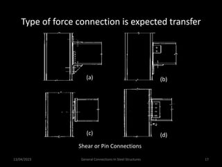 13/04/2023 General Connections In Steel Structures 17
Type of force connection is expected transfer
Shear or Pin Connections
(a) (b)
(c) (d)
 