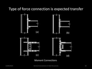 13/04/2023 General Connections In Steel Structures 20
Type of force connection is expected transfer
Moment Connections
(a) (b)
(c) (d)
 