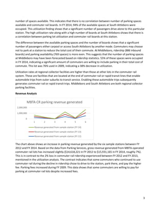 3
number of spaces available. This indicates that there is no correlation between number of parking spaces
available and commuter rail boards. In FY 2014, 94% of the available spaces at South Attleboro were
occupied. This utilization finding shows that a significant number of passengers drive alone to this particular
station. The high utilization rate along with a high number of boards at South Attleboro shows that there is
a correlation between parking lot utilization and commuter rail boards at this station.
The difference between the available parking spaces and the number of boards shows that a significant
number of passengers either carpool or access South Attleboro by another mode. Commuters may choose
not to park at a station to reduce the total cost of their commute. At Middleboro, ridership (886 inbound
boards) and parking availability (769 spaces) is more even. This suggests that the number of parking spaces
at Middleboro may have been forecasted based on ridership statistics. 55% of these spaces were occupied
in FY 2014, indicating a significant amount of commuters are willing to include parking in their total cost of
commute. This lot was 76% used in 2009, indicating a 38% decrease in utilization.
Utilization rates at regional collector facilities are higher than those at other lots in the commuter rail
system. These are facilities that are located at the end of commuter rail or rapid transit lines that enable
automobile trips from outer suburbs to transit service. Enabling these automobile trips subsequently
generates commuter rail or rapid transit trips. Middleboro and South Attleboro are both regional collector
parking facilities.
Revenue Analysis
The chart above shows an increase in parking revenue generated by the six sample stations between FY
2012 and FY 2014. Based on the data from Parking Services, gross revenue generated from MBTA-operated
commuter rail lots has increased slightly ($14,618,221 in FY 2012 to $15,931,165 in FY 2014, roughly 7%).
This is in contrast to the 2% loss in commuter rail ridership experienced between FY 2012 and FY 2013,
mentioned in the utilization analysis. The contrast indicates that some commuters who continued to use
commuter rail during the decline in ridership chose to drive to the station, park there, and pay the higher
fee. Parking fees increased during FY 2009. This data shows that some commuters are willing to pay for
parking at commuter rail lots despite increased fees.
0
1,000,000
2,000,000
1 2 3 4 5 6
MBTA CR parking revenue generated
Revenue generated from sample station (FY 14)
Revenue generated from sample station (FY 13)
Revenue generated from sample station (FY 12)
 