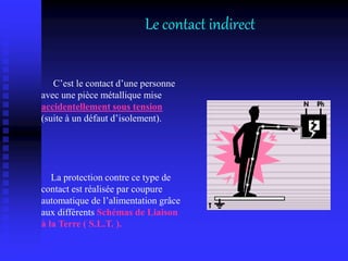 C’est le contact d’une personne
avec une pièce métallique mise
accidentellement sous tension
(suite à un défaut d’isolement).
La protection contre ce type de
contact est réalisée par coupure
automatique de l’alimentation grâce
aux différents Schémas de Liaison
à la Terre ( S.L.T. ).
Le contact indirect
 