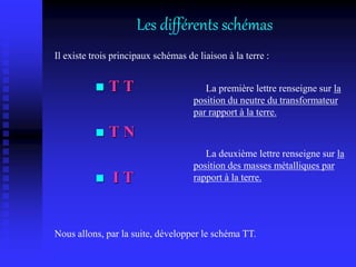  T T
 T N
 I T
La première lettre renseigne sur la
position du neutre du transformateur
par rapport à la terre.
La deuxième lettre renseigne sur la
position des masses métalliques par
rapport à la terre.
Nous allons, par la suite, développer le schéma TT.
Les différents schémas
Il existe trois principaux schémas de liaison à la terre :
 