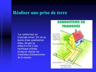 Réaliser une prise de terre
•Le conducteur en
tranchée situé ( 20 cm au
moins d’une canalisation
d’eau, de gaz ou
d’électricité ) Une
technique utilisée
lorsqu’on réalise les
tranchées d’alimentation
de la maison.
 