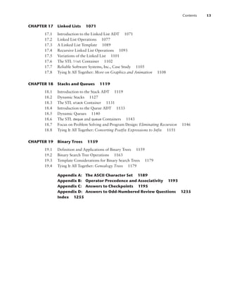 CHAPTER 17 Linked Lists 1071
17.1 Introduction to the Linked List ADT 1071
17.2 Linked List Operations 1077
17.3 A Linked List Template 1089
17.4 Recursive Linked List Operations 1093
17.5 Variations of the Linked List 1101
17.6 The STL list Container 1102
17.7 Reliable Software Systems, Inc., Case Study 1105
17.8 Tying It All Together: More on Graphics and Animation 1108
CHAPTER 18 Stacks and Queues 1119
18.1 Introduction to the Stack ADT 1119
18.2 Dynamic Stacks 1127
18.3 The STL stack Container 1131
18.4 Introduction to the Queue ADT 1133
18.5 Dynamic Queues 1140
18.6 The STL deque and queue Containers 1143
18.7 Focus on Problem Solving and Program Design: Eliminating Recursion 1146
18.8 Tying It All Together: Converting Postfix Expressions to Infix 1151
CHAPTER 19 Binary Trees 1159
19.1 Definition and Applications of Binary Trees 1159
19.2 Binary Search Tree Operations 1163
19.3 Template Considerations for Binary Search Trees 1179
19.4 Tying It All Together: Genealogy Trees 1179
Appendix A: The ASCII Character Set 1189
Appendix B: Operator Precedence and Associativity 1193
Appendix C: Answers to Checkpoints 1195
Appendix D: Answers to Odd-Numbered Review Questions 1235
Index 1255
Contents 13
 
