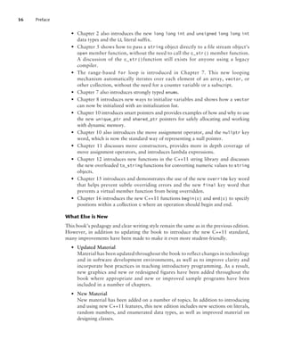 16 Preface
• Chapter 2 also introduces the new long long int and unsigned long long int
data types and the LL literal suffix.
• Chapter 5 shows how to pass a string object directly to a file stream object’s
open member function, without the need to call the c_str() member function.
A discussion of the c_str()function still exists for anyone using a legacy
compiler.
• The range-based for loop is introduced in Chapter 7. This new looping
mechanism automatically iterates over each element of an array, vector, or
other collection, without the need for a counter variable or a subscript.
• Chapter 7 also introduces strongly typed enums.
• Chapter 8 introduces new ways to initialize variables and shows how a vector
can now be initialized with an initialization list.
• Chapter 10 introduces smart pointers and provides examples of how and why to use
the new unique_ptr and shared_ptr pointers for safely allocating and working
with dynamic memory.
• Chapter 10 also introduces the move assignment operator, and the nullptr key
word, which is now the standard way of representing a null pointer.
• Chapter 11 discusses move constructors, provides more in depth coverage of
move assignment operators, and introduces lambda expressions.
• Chapter 12 introduces new functions in the C++11 string library and discusses
the new overloaded to_string functions for converting numeric values to string
objects.
• Chapter 15 introduces and demonstrates the use of the new override key word
that helps prevent subtle overriding errors and the new final key word that
prevents a virtual member function from being overridden.
• Chapter 16 introduces the new C++11 functions begin(c) and end(c) to specify
positions within a collection c where an operation should begin and end.
What Else is New
This book’s pedagogy and clear writing style remain the same as in the previous edition.
However, in addition to updating the book to introduce the new C++11 standard,
many improvements have been made to make it even more student-friendly.
• Updated Material
Material has been updated throughout the book to reflect changes in technology
and in software development environments, as well as to improve clarity and
incorporate best practices in teaching introductory programming. As a result,
new graphics and new or redesigned figures have been added throughout the
book where appropriate and new or improved sample programs have been
included in a number of chapters.
• New Material
New material has been added on a number of topics. In addition to introducing
and using new C++11 features, this new edition includes new sections on literals,
random numbers, and enumerated data types, as well as improved material on
designing classes.
 