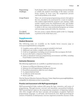 Programming 	
Each chapter offers a pool of programming exercises designed
to solidify the student’s knowledge of the topics currently
being studied. In most cases the assignments present
real-world problems to be solved.
Group Projects 	
There are several group programming projects throughout
the text, intended to be constructed by a team of students.
One student might build the program’s user interface, while
another student writes the mathematical code, and another
designs and implements a class the program uses. This process
is similar to the way many professional programs are written
and encourages teamwork within the classroom.
C++ Quick	
For easy access, a quick reference guide to the C++ language
is printed on the inside back cover.
Supplements
Student Resources
The following items are available on the Gaddis Series resource page at
www.pearsonglobaleditions.com/gaddis:
• Complete source code for every program included in the book
• Additional case studies, complete with source code
• A full set of appendices (including several tutorials) that accompany the book
• Access to the book’s companion VideoNotes
• Links to download numerous programming environments and IDEs, including
Visual Studio Community Edition.
Instructor Resources
The following supplements are available to qualified instructors only.
• Answers to all Review Questions in the text
• Solutions for all Programming Challenges in the text
• PowerPoint presentation slides for every chapter
• A computerized test bank
• A collection of lab materials
• Source code files
Visit the Pearson Education Instructor Resource Center (http://www.pearsonglobaleditions.
com/gaddis) for information on how to access them.
Practice and Assessment with MyProgrammingLab
MyProgrammingLab helps students fully grasp the logic, semantics, and syntax of
programming. Through practice exercises and immediate, personalized feedback,
MyProgrammingLab improves the programming competence of beginning students
who often struggle with the basic concepts and paradigms of popular high-level
programming languages. A self-study and homework tool, MyProgrammingLab
consists of hundreds of small practice exercises organized around the structure of this
Challenges
Reference Guide
Preface 25
 