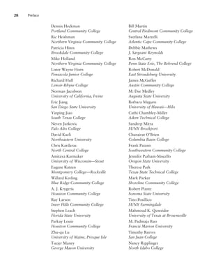 Dennis Heckman
Portland Community College
Ric Heishman
Northern Virginia Community College
Patricia Hines
Brookdale Community College
Mike Holland
Northern Virginia Community College
Lister Wayne Horn
Pensacola Junior College
Richard Hull
Lenoir-Rhyne College
Norman Jacobson
University of California, Irvine
Eric Jiang
San Diego State University
Yinping Jiao
South Texas College
Neven Jurkovic
Palo Alto College
David Kaeli
Northeastern University
Chris Kardaras
North Central College
Amitava Karmaker
University of Wisconsin—Stout
Eugene Katzen
Montgomery College—Rockville
Willard Keeling
Blue Ridge Community College
A. J. Krygeris
Houston Community College
Ray Larson
Inver Hills Community College
Stephen Leach
Florida State University
Parkay Louie
Houston Community College
Zhu-qu Lu
University of Maine, Presque Isle
Tucjer Maney
George Mason University
Bill Martin
Central Piedmont Community College
Svetlana Marzelli
Atlantic Cape Community College
Debbie Mathews
J. Sargeant Reynolds
Ron McCarty
Penn State Erie, The Behrend College
Robert McDonald
East Stroudsburg University
James McGuffee
Austin Community College
M. Dee Medley
Augusta State University
Barbara Meguro
University of Hawaii—Hilo
Cathi Chambley-Miller
Aiken Technical College
Sandeep Mitra
SUNY Brockport
Churairat O’Brien
Columbia Basin College
Frank Paiano
Southwestern Community College
Jennifer Parham-Mocello
Oregon State University
Theresa Park
Texas State Technical College
Mark Parker
Shoreline Community College
Robert Plantz
Sonoma State University
Tino Posillico
SUNY Farmingdale
Mahmoud K. Quweider
University of Texas at Brownsville
M. Padmaja Rao
Francis Marion University
Timothy Reeves
San Juan College
Nancy Ripplinger
North Idaho College
28 Preface
 