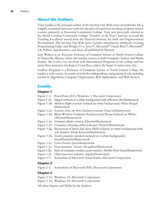 Credits
Chapter 1
Figure 1-1: PowerPoint 2013, Windows 7, Microsoft Corporation
Figure 1-2a:	
Digital webcam in a white background with reflection: Iko/Shutterstock
Figure 1-2b:	
Modern flight joystick isolated on white background: Nikita Rogul/
Shutterstock
Figure 1-2c: Scanner close up shot, business concept: Feng Yu/Shutterstock
Figure 1-2d:	
Black Wireless Computer Keyboard and Mouse Isolated on White:
Chiyacat/Shutterstock
Figure 1-2e: Compact photo camera: Eikostas/Shutterstock
Figure 1-2f: Computer drawing tablet with pen: Tkemot/Shutterstock
Figure 1-2g:	
Illustration of Hard disk drive HDD isolated on white background with
soft shadow: Vitaly Korovin/Shutterstock
Figure 1-2h:	
Small computer speakers isolated on a white background:
StockPhotosArt/Shutterstock
Figure 1-2i: Color Printer: Jocic/Shutterstock
Figure 1-2j: Four monitors. Vector: Art gallery/Shutterstock
Figure 1-2k:	
Stick of computer random access memory (RAM): Peter Guess/Shutterstock
Figure 1-2l: Chip processor radiator: Aquila/Shutterstock
Figure 1-7: Screenshot of Microsoft Visual Studio, Microsoft Corporation
Chapter 2
Figure 2-1: Screenshots of Microsoft DOS, Microsoft Corporation
Chapter 5
Figure 5-11: Windows 10, Microsoft Corporation
Figure 5-12: Windows 10, Microsoft Corporation
All other Figures and Tables by the Authors
About the Authors
Tony Gaddis is the principal author of the Starting Out With series of textbooks. He is
a highly acclaimed instructor with two decades of experience teaching computer science
courses, primarily at Haywood Community College. Tony was previously selected as
the North Carolina Community College “Teacher of the Year” and has received the
Teaching Excellence award from the National Institute for Staff and Organizational
Development. The Starting Out With series includes introductory textbooks covering
Programming Logic and Design, C++, Java™, Microsoft®
Visual Basic®
, Microsoft®
C#, Python, App Inventor, and Alice, all published by Pearson.
Judy Walters is an Associate Professor of Computer Science at North Central College
in Naperville, Illinois, where she teaches courses in both Computer Science and Media
Studies. She is also very involved with International Programs at her college and has
spent three semesters teaching in Costa Rica, where she hopes to retire some day.
Godfrey Muganda is a Professor of Computer Science at North Central College. He
teaches a wide variety of courses at both the undergraduate and graduate levels, including
courses in Algorithms, Computer Organization, Web Applications, and Web Services.
30 Preface
 