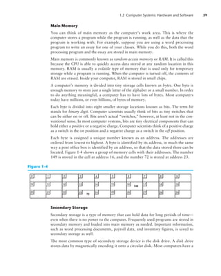 1.2 Computer Systems: Hardware and Software 39
Main Memory
You can think of main memory as the computer’s work area. This is where the
­
computer stores a program while the program is running, as well as the data that the
program is working with. For example, suppose you are using a word processing
­
program to write an essay for one of your classes. While you do this, both the word
processing program and the essay are stored in main memory.
Main memory is commonly known as random-access memory or RAM. It is called this
because the CPU is able to quickly access data stored at any random location in this
memory. RAM is usually a volatile type of memory that is used only for temporary
storage while a program is running. When the computer is turned off, the contents of
RAM are erased. Inside your computer, RAM is stored in small chips.
A computer’s memory is divided into tiny storage cells known as bytes. One byte is
enough memory to store just a single letter of the alphabet or a small number. In order
to do anything meaningful, a computer has to have lots of bytes. Most computers
today have millions, or even billions, of bytes of memory.
Each byte is divided into eight smaller storage locations known as bits. The term bit
stands for binary digit. Computer scientists usually think of bits as tiny switches that
can be either on or off. Bits aren’t actual “switches,” however, at least not in the con-
ventional sense. In most computer systems, bits are tiny electrical components that can
hold either a positive or a negative charge. Computer scientists think of a positive charge
as a switch in the on position and a negative charge as a switch in the off position.
Each byte is assigned a unique number known as an address. The addresses are
ordered from lowest to highest. A byte is identified by its address, in much the same
way a post office box is identified by an address, so that the data stored there can be
located. ­Figure 1-4 shows a group of memory cells with their addresses. The number
149 is stored in the cell at address 16, and the number 72 is stored at address 23.
0
10
20
1
11
21
2
12
22
3
13
23
4
14
24
5
15
25
6
16
26
7
17
27
8
18
28
9
19
29
149
72
Figure 1-4
Secondary Storage
Secondary storage is a type of memory that can hold data for long periods of time—
even when there is no power to the computer. Frequently used programs are stored in
secondary memory and loaded into main memory as needed. Important information,
such as word processing documents, payroll data, and inventory figures, is saved to
secondary storage as well.
The most common type of secondary storage device is the disk drive. A disk drive
stores data by magnetically encoding it onto a circular disk. Most computers have a
 