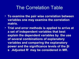 The Correlation Table
• To examine the pair wise correlation between
variables one may examine the correlation
matrix.
• Trial and error methods is applied to arrive at
a set of independent variables that best
explain the dependent variables by the use
of several combinations of explanatory
variables and comparing the explanatory
power and the significance levels of the βi
s .Adjusted R2
may be considered in MR.
 