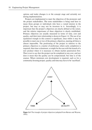 options and make changes is at the concept stage and certainly not
during implementation.
Projects are implemented to meet the objectives of the promoter and
the project stakeholders. The term stakeholders is being used here to
mean those groups or individuals who have a vested interest in the
project, but may or may not be investors in it. Accordingly, it is
important that the project's objectives are clearly defined at the outset,
and the relative importance of these objectives is clearly established.
Primary objectives are usually measured in terms of time, cost and
quality, and their inter-relationship is shown in Figure 1.4. The use of an
equilateral triangle in this context is significant, since whilst it may be
possible to meet one or two of the primary objectives, meeting all three is
almost impossible. The positioning of the project in relation to the
primary objectives is a matter of preference; where early completion is
required, then time is dominant, as might be the case with the launch of a
new product where it is necessary to obtain market penetration first.
That is not to say that the project can be completed at any cost, and nor
does it mean that the quality can be compromised, but time is of the
essence. Where minimum cost development is required, such as for a
community housing project, quality and time may have to be `sacrificed'.
Figure 1.4 The triangle of project objectives (adapted from Barnes and Wearne,
1993).
10 Engineering Project Management
 