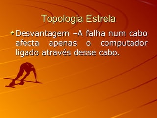 Topologia EstrelaTopologia Estrela
Desvantagem –A falha num caboDesvantagem –A falha num cabo
afecta apenas o computadorafecta apenas o computador
ligado através desse cabo.ligado através desse cabo.
 