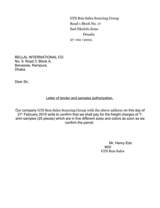 Letter of tender and samples authorization.