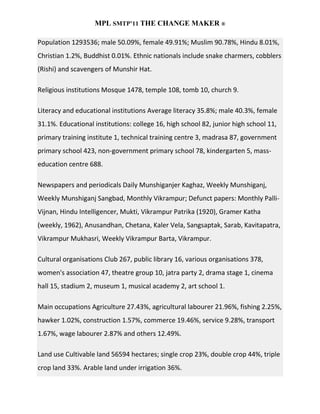 MPL SMTP’11 THE CHANGE MAKER ®

Population 1293536; male 50.09%, female 49.91%; Muslim 90.78%, Hindu 8.01%,
Christian 1.2%, Buddhist 0.01%. Ethnic nationals include snake charmers, cobblers
(Rishi) and scavengers of Munshir Hat.

Religious institutions Mosque 1478, temple 108, tomb 10, church 9.

Literacy and educational institutions Average literacy 35.8%; male 40.3%, female
31.1%. Educational institutions: college 16, high school 82, junior high school 11,
primary training institute 1, technical training centre 3, madrasa 87, government
primary school 423, non-government primary school 78, kindergarten 5, mass-
education centre 688.

Newspapers and periodicals Daily Munshiganjer Kaghaz, Weekly Munshiganj,
Weekly Munshiganj Sangbad, Monthly Vikrampur; Defunct papers: Monthly Palli-
Vijnan, Hindu Intelligencer, Mukti, Vikrampur Patrika (1920), Gramer Katha
(weekly, 1962), Anusandhan, Chetana, Kaler Vela, Sangsaptak, Sarab, Kavitapatra,
Vikrampur Mukhasri, Weekly Vikrampur Barta, Vikrampur.

Cultural organisations Club 267, public library 16, various organisations 378,
women's association 47, theatre group 10, jatra party 2, drama stage 1, cinema
hall 15, stadium 2, museum 1, musical academy 2, art school 1.

Main occupations Agriculture 27.43%, agricultural labourer 21.96%, fishing 2.25%,
hawker 1.02%, construction 1.57%, commerce 19.46%, service 9.28%, transport
1.67%, wage labourer 2.87% and others 12.49%.

Land use Cultivable land 56594 hectares; single crop 23%, double crop 44%, triple
crop land 33%. Arable land under irrigation 36%.
 