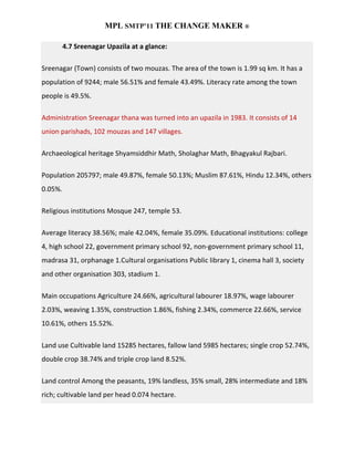 MPL SMTP’11 THE CHANGE MAKER ®

         4.7 Sreenagar Upazila at a glance:

Sreenagar (Town) consists of two mouzas. The area of the town is 1.99 sq km. It has a
population of 9244; male 56.51% and female 43.49%. Literacy rate among the town
people is 49.5%.

Administration Sreenagar thana was turned into an upazila in 1983. It consists of 14
union parishads, 102 mouzas and 147 villages.

Archaeological heritage Shyamsiddhir Math, Sholaghar Math, Bhagyakul Rajbari.

Population 205797; male 49.87%, female 50.13%; Muslim 87.61%, Hindu 12.34%, others
0.05%.

Religious institutions Mosque 247, temple 53.

Average literacy 38.56%; male 42.04%, female 35.09%. Educational institutions: college
4, high school 22, government primary school 92, non-government primary school 11,
madrasa 31, orphanage 1.Cultural organisations Public library 1, cinema hall 3, society
and other organisation 303, stadium 1.

Main occupations Agriculture 24.66%, agricultural labourer 18.97%, wage labourer
2.03%, weaving 1.35%, construction 1.86%, fishing 2.34%, commerce 22.66%, service
10.61%, others 15.52%.

Land use Cultivable land 15285 hectares, fallow land 5985 hectares; single crop 52.74%,
double crop 38.74% and triple crop land 8.52%.

Land control Among the peasants, 19% landless, 35% small, 28% intermediate and 18%
rich; cultivable land per head 0.074 hectare.
 