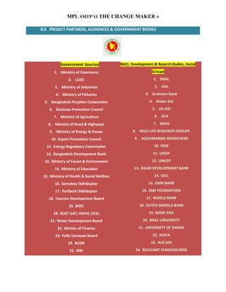 MPL SMTP’11 THE CHANGE MAKER ®

8.0 PROJECT PARTNERS, AUDIENCES & GOVERNMENT BODIES




           Government Sources              NGO, Development & Reserch Bodies, Social

       1. Ministry of Commerce                              Groups
               2. LGED                                      1. BRAC
       3. Ministry of Industries                             2. ASA
        4. Ministry of Fisharies                        3. Grameen Bank
 5. Bangladesh Porjoton Corporation                       4. Water Aid
    6. Business Promotion Council                           5. US AID
       7. Ministry of Agriculture                            6. JICA
    8. Ministry of Road & Highways                          7. BAPA
    9. Ministry of Energy & Power                8. WILD LIFE RESEARCH GROUPS
     10. Export Promotion Council                 9. AQUAMARINE RESERCHERS
   11. Energy Regulatory Commission                          10. PKSF
   12. Bangladesh Development Bank                          11. UNDP
 13. Ministry of Forest & Environment                       12. UNICEF

       14. Ministry of Education                  13. ASIAN DEVELOPMENT BANK
 15. Ministry of Health & Social Welfare                     14. IDLC
       16. Somobay Odhidoptor                             15. EXIM BANK
        17. Poribesh Odhidoptor                       16. SME FOUNDATION
    18. Toursim Development Board                        17. WORLD BANK
                19. BISIC                            18. DUTCH BANGLA BANK
       20. BUET (IAT, IWFM, DCE)                          19. BANK ASIA
     21. Water Development Board                       20. BRAC UNIVERSITY
         22. Ministy of Finance                     21. UNIVERSITY OF DHAKA
        23. Polly Unnayan Board                             22. KOICA
               24. BCSRI                                   23. AUS AID
                25. BIRI                           24. RELEVANT STAKEHOLDERS
 