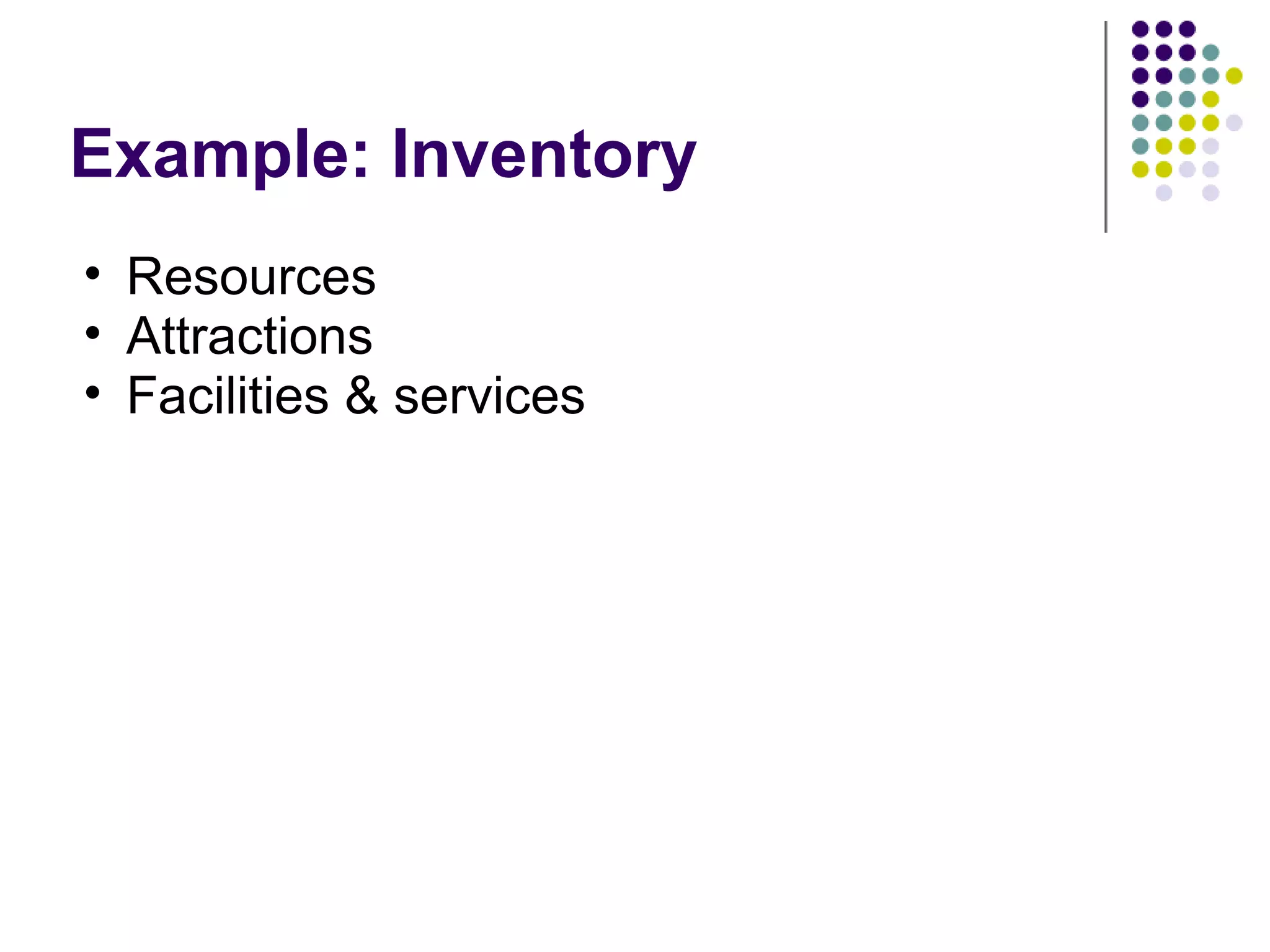 Example: Inventory
• Resources
• Attractions
• Facilities & services
 