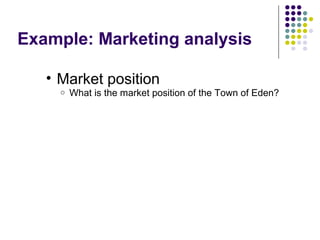Example: Marketing analysis
• Market position
o What is the market position of the Town of Eden?
 