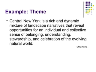 Example: Theme
• Central New York is a rich and dynamic
mixture of landscape narratives that reveal
opportunities for an individual and collective
sense of belonging, understanding,
stewardship, and celebration of the evolving
natural world.
CNE theme
 