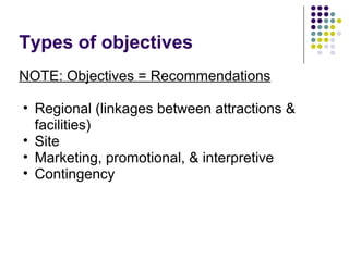 Types of objectives
NOTE: Objectives = Recommendations
• Regional (linkages between attractions &
facilities)
• Site
• Marketing, promotional, & interpretive
• Contingency
 