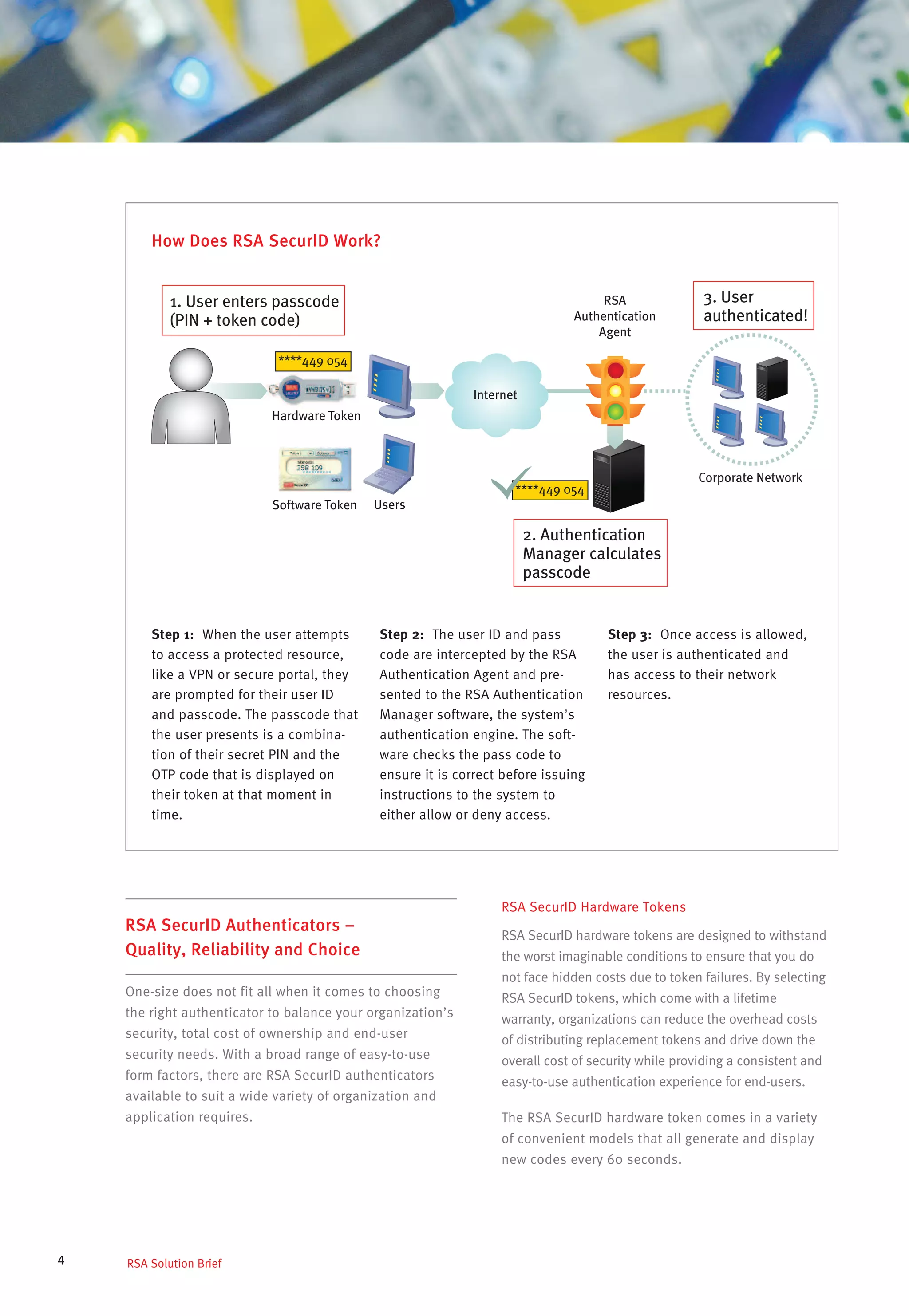 ****449 054
Hardware Token
Software Token Users
Corporate Network
RSA
Authentication
Agent
Internet
****449 054
2. Authentication
Manager calculates
passcode
1. User enters passcode
(PIN + token code)
3. User
authenticated!
4
RSA SecurID Authenticators –
Quality, Reliability and Choice
One-size does not fit all when it comes to choosing
the right authenticator to balance your organization’s
security, total cost of ownership and end-user
security needs. With a broad range of easy-to-use
form factors, there are RSA SecurID authenticators
available to suit a wide variety of organization and
application requires.
RSA Solution Brief
Step 1: When the user attempts
to access a protected resource,
like a VPN or secure portal, they
are prompted for their user ID
and passcode. The passcode that
the user presents is a combina-
tion of their secret PIN and the
OTP code that is displayed on
their token at that moment in
time.
Step 2: The user ID and pass
code are intercepted by the RSA
Authentication Agent and pre-
sented to the RSA Authentication
Manager software, the system’s
authentication engine. The soft-
ware checks the pass code to
ensure it is correct before issuing
instructions to the system to
either allow or deny access.
Step 3: Once access is allowed,
the user is authenticated and
has access to their network
resources.
How Does RSA SecurID Work?
RSA SecurID Hardware Tokens
RSA SecurID hardware tokens are designed to withstand
the worst imaginable conditions to ensure that you do
not face hidden costs due to token failures. By selecting
RSA SecurID tokens, which come with a lifetime
warranty, organizations can reduce the overhead costs
of distributing replacement tokens and drive down the
overall cost of security while providing a consistent and
easy-to-use authentication experience for end-users.
The RSA SecurID hardware token comes in a variety
of convenient models that all generate and display
new codes every 60 seconds.
 