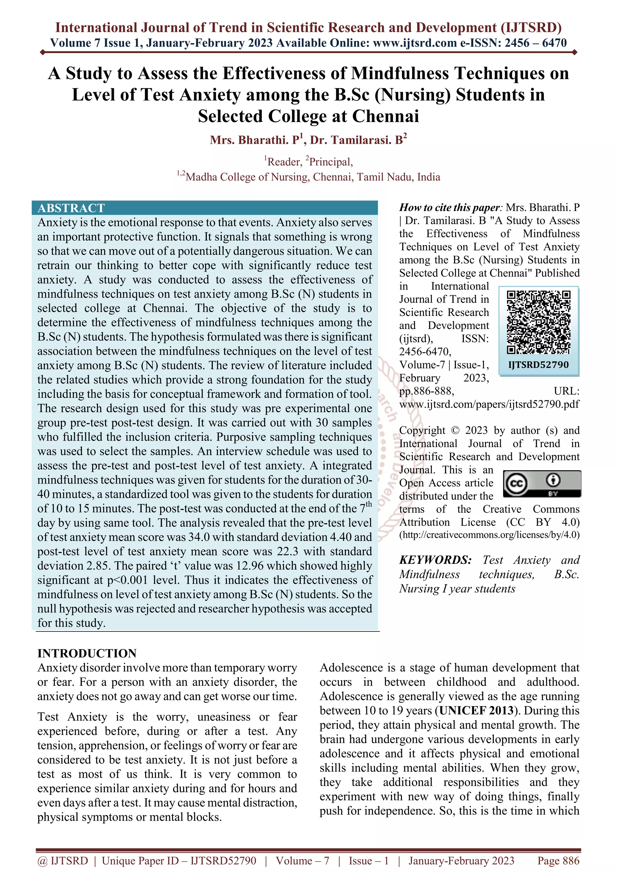 A Study to Assess the Effectiveness of Mindfulness Techniques on Level ...