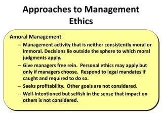 Approaches to Management
Ethics
Amoral Management
– Management activity that is neither consistently moral or
immoral. Decisions lie outside the sphere to which moral
judgments apply.
– Give managers free rein. Personal ethics may apply but
only if managers choose. Respond to legal mandates if
caught and required to do so.
– Seeks profitability. Other goals are not considered.
– Well-Intentioned but selfish in the sense that impact on
others is not considered.
 