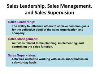 Sales Leadership, Sales Management,
and Sales Supervision
Sales Leadership:
The ability to influence others to achieve common goals
for the collective good of the sales organization and
company.
Sales Management:
Activities related to the planning, implementing, and
controlling the sales function.
Sales Supervision:
Activities related to working with sales subordinates on
a day-to-day basis.
 
