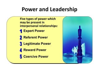 Power and Leadership
Five types of power which
may be present in
interpersonal relationships:
Referent Power
Legitimate Power
Reward Power
Coercive Power
Expert Power
 