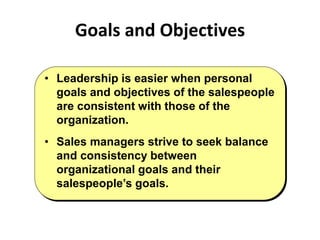 • Leadership is easier when personal
goals and objectives of the salespeople
are consistent with those of the
organization.
• Sales managers strive to seek balance
and consistency between
organizational goals and their
salespeople’s goals.
Goals and Objectives
 
