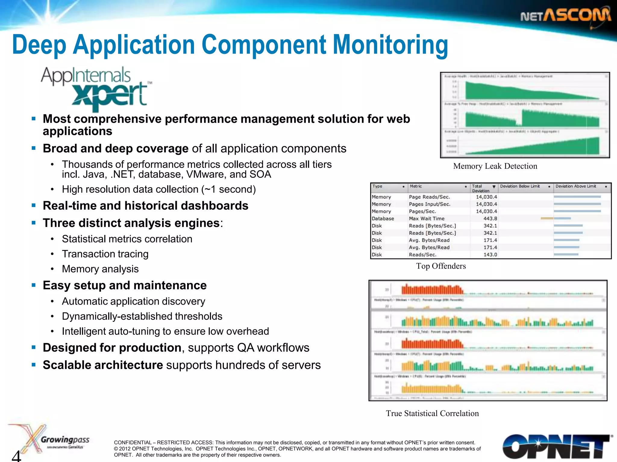 Deep Application Component Monitoring

     Most comprehensive performance management solution for web
      applications
     Broad and deep coverage of all application components
       • Thousands of performance metrics collected across all tiers                                                                                         Memory Leak Detection
         incl. Java, .NET, database, VMware, and SOA
       • High resolution data collection (~1 second)
     Real-time and historical dashboards
     Three distinct analysis engines:
       • Statistical metrics correlation
       • Transaction tracing
       • Memory analysis                                                                                                                      Top Offenders

     Easy setup and maintenance
                                                                                                                                                       Time/Statistical Correlation
       • Automatic application discovery
       • Dynamically-established thresholds
       • Intelligent auto-tuning to ensure low overhead
     Designed for production, supports QA workflows
     Scalable architecture supports hundreds of servers


                                                                                                                                  True Statistical Correlation


4                    CONFIDENTIAL – RESTRICTED ACCESS: This information may not be disclosed, copied, or transmitted in any format without OPNET’s prior written consent.
                     © 2012 OPNET Technologies, Inc. OPNET Technologies Inc., OPNET, OPNETWORK, and all OPNET hardware and software product names are trademarks of
                     OPNET. All other trademarks are the property of their respective owners.
 