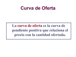 Curva de Oferta
La curva de oferta es la curva de
pendiente positiva que relaciona el
precio con la cantidad ofertada.
 