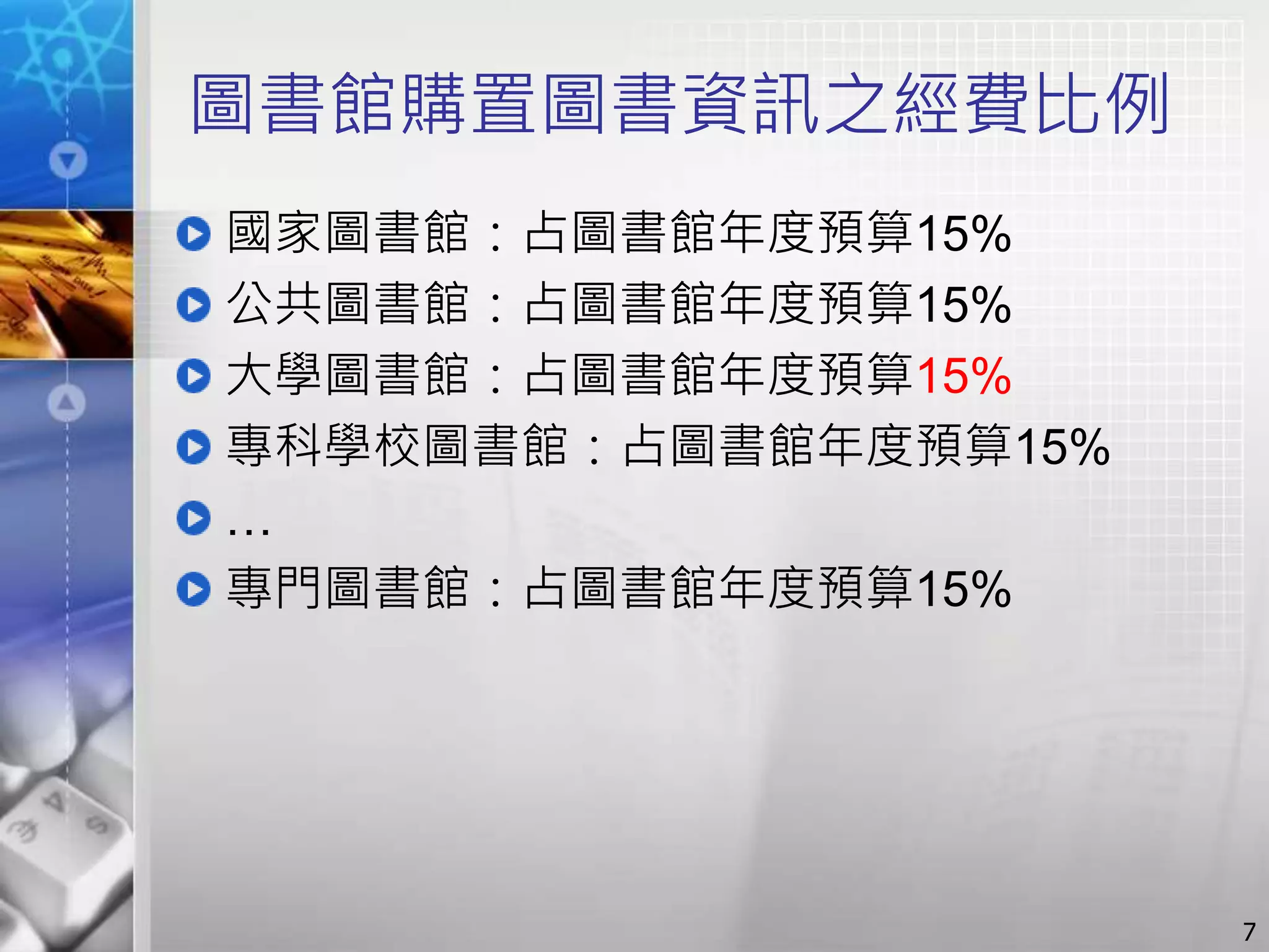 圖書館購置圖書資訊之經費比例
國家圖書館：占圖書館年度預算15%
公共圖書館：占圖書館年度預算15%
大學圖書館：占圖書館年度預算15%
專科學校圖書館：占圖書館年度預算15%
…
專門圖書館：占圖書館年度預算15%
7
 