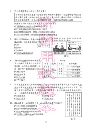 2
6. 下列為臺灣某份刊物上刊載的文章：
根據內容判斷，此段文章主要在討論下列何者？
(A)荷蘭聯合東印度公司推動衛生教育
(B)中華民國政府規畫與施行衛生教育
(C)清朝開港通商時，傳教士引進公共衛生觀念
(D)日本統治時期，政府與民間推廣...