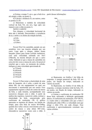 vicenteventura2112@yahoo.com.br   - Lista 106: Quantidade de Movimento - vicenteventura.blogspot.com 10

       a) Estime o tempo T, em s, que a bola leva partir dessas informações:
até atingir o chão, no ponto A.
       b) Calcule a distância D, em metros, entre
os pontos A e B.
       c) Determine o módulo da velocidade
vertical da bola VA, em m/s, logo após seu
impacto com o chão no ponto A.
       NOTE E ADOTE
       Nos choques, a velocidade horizontal da
bola não é alterada. Desconsidere a resistência
do ar, o atrito e os efeitos de rotação da bola.
        a) 0,8s
        b) 2,4m
        c) 6,0m/s

      Fuvest 83a) Um caminhão, parado em um
semáforo, teve sua traseira atingida por um
carro. Logo após o choque, ambos foram
lançados juntos para frente (colisão inelástica),
com uma velocidade estimada em 5m/s
(18km/h), na mesma direção em que o carro
vinha. Sabendo-se que a massa do caminhão era
cerca de três vezes a massa do carro, foi possível
concluir que o carro, no momento da colisão,
trafegava a uma velocidade aproximada de
      a) 72 km/h
      b) 60 km/h
      c) 54 km/h
      d) 36 km/h
      e) 18 km/h                                            a) Represente, no Gráfico I da folha de
                                                      respostas, a energia potencial da bola, EP, em
       Fuvest 2) Para testar a elasticidade de uma    joules, em função do tempo, indicando os
bola de basquete, ela é solta, a partir de uma        valores na escala.
altura H0, em um equipamento no qual seu                    b) Represente, no Gráfico II da folha de
movimento é monitorado por um sensor. Esse            respostas, a energia mecânica total da bola, ET,
equipamento registra a altura do centro de massa      em joules, em função do tempo, indicando os
da bola, a cada instante, acompanhando seus           valores na escala.
sucessivos choques com o chão. A partir da                  c) Estime o coeficiente de restituição CR
análise dos registros, é possível, então, estimar a   dessa bola, utilizando a definição apresentada
elasticidade da bola, caracterizada pelo              abaixo. O coeficiente de restituição, CR=VR/VI,
coeficiente de restituição CR. O gráfico              é a razão entre a velocidade com que a bola é
apresenta os registros de alturas, em função do       rebatida pelo chão (VR) e a velocidade com que
tempo, para uma bola de massa M=0,60kg,               atinge o chão (VI), em cada choque. Esse
quando ela é solta e inicia o movimento com seu       coeficiente é aproximadamente constante nas
centro de massa a uma altura H0=1,6m,                 várias colisões.
chocando-se sucessivas vezes com o chão. A
                                                            a)
 