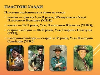 ПЛАСТОВІ УЛАДИ
Пластуни поділяються за віком на улади:
 новаки — діти від 6 до 11 років, об'єднуються в Уладі
Пластового Новацтва (УПН);
 юнаки — 12-17 років, Улад Пластового Юнацтва (УПЮ);
 старші пластуни — 18-35 років, Улад Старших Пластунів
(УСП);
 пластуни-сеньйори — старші за 35 років, Улад Пластунів
Сеньйорів (УПС).
 